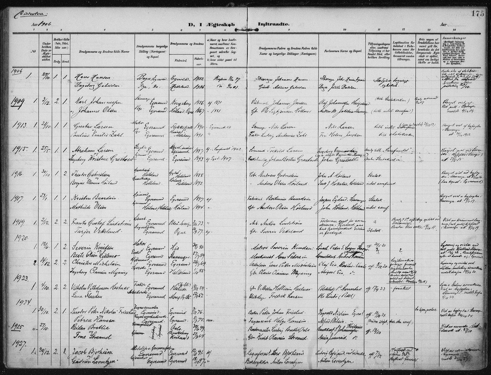 Eigersund sokneprestkontor, SAST/A-101807/S08/L0022: Parish register (official) no. A 21, 1905-1928, p. 175