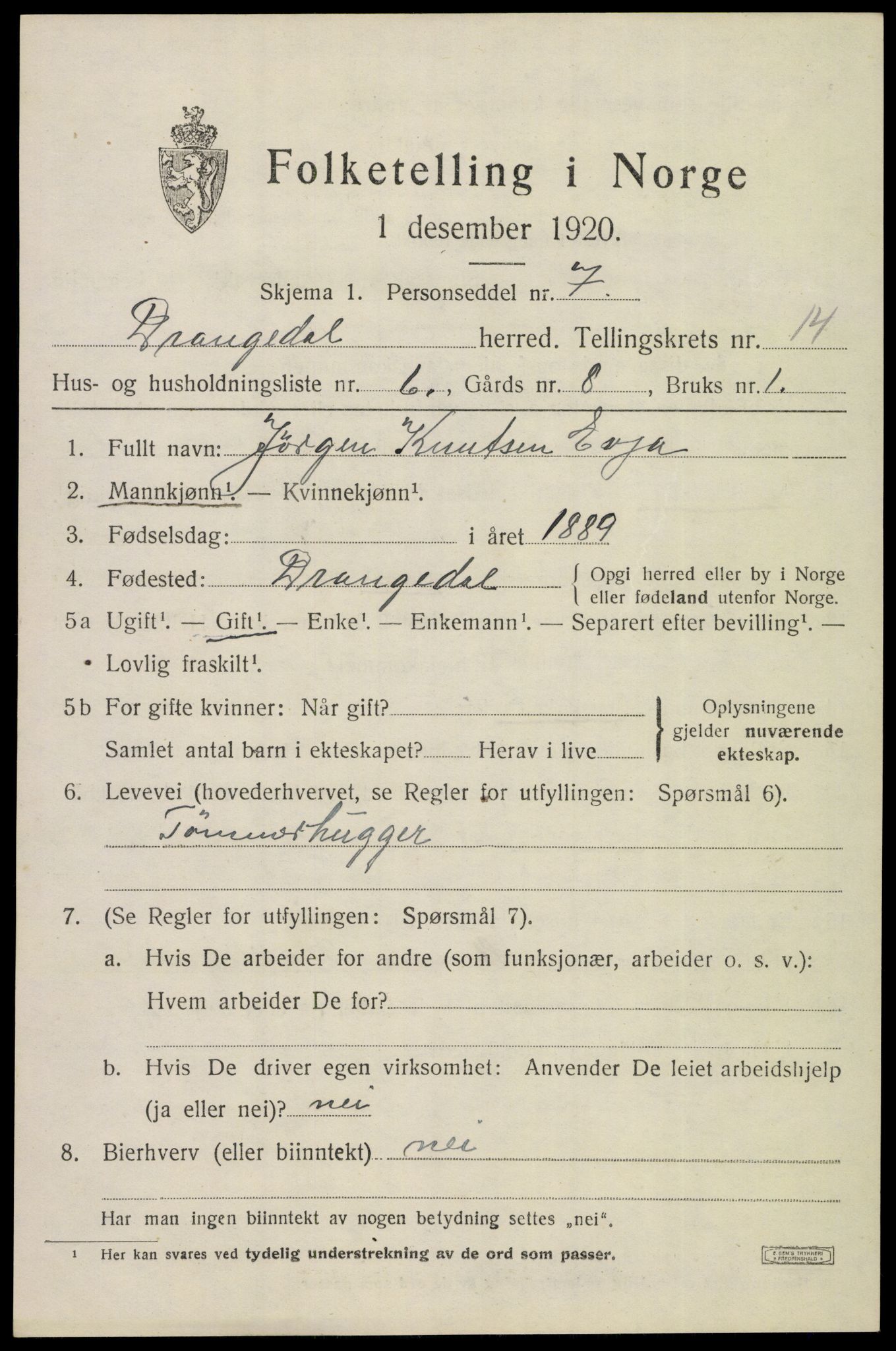 SAKO, 1920 census for Drangedal, 1920, p. 7603