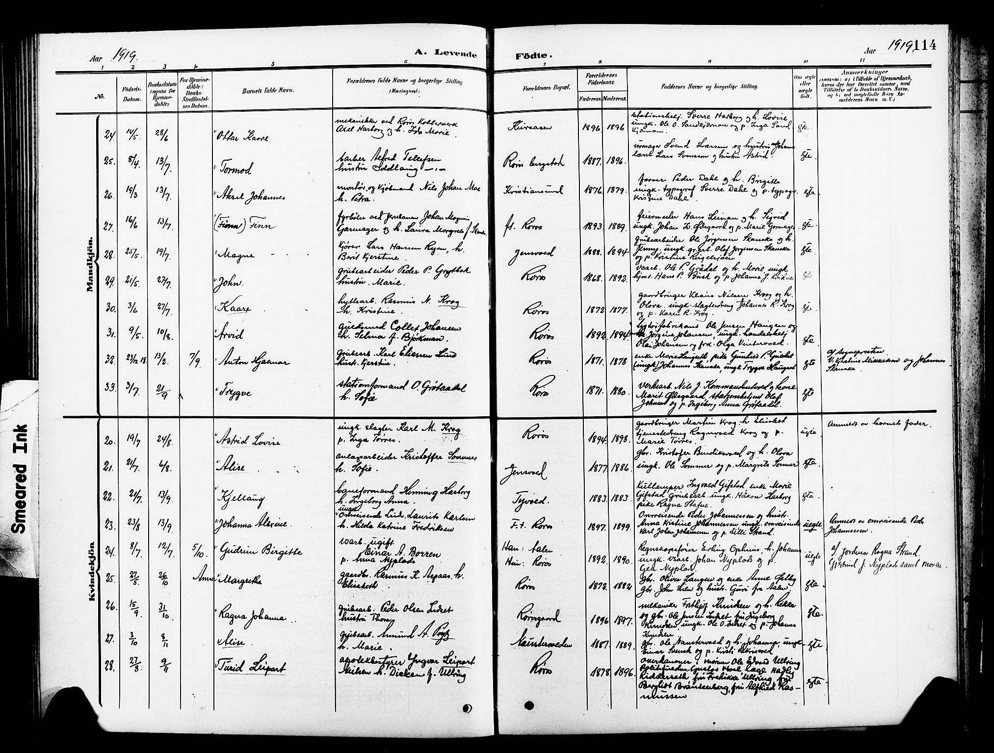 Ministerialprotokoller, klokkerbøker og fødselsregistre - Sør-Trøndelag, AV/SAT-A-1456/681/L0942: Parish register (copy) no. 681C06, 1906-1925, p. 114