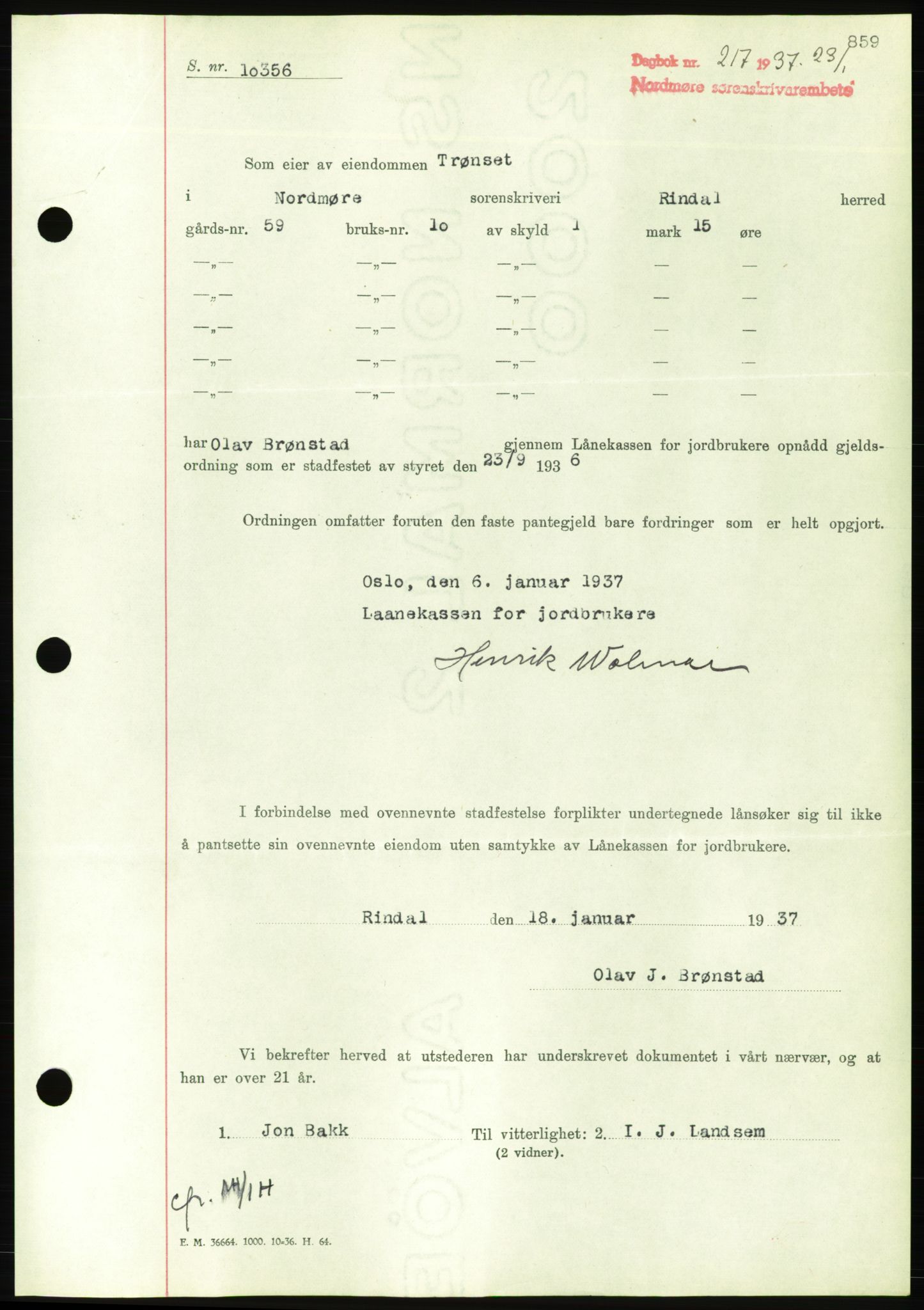 Nordmøre sorenskriveri, AV/SAT-A-4132/1/2/2Ca/L0090: Mortgage book no. B80, 1936-1937, Diary no: : 217/1937