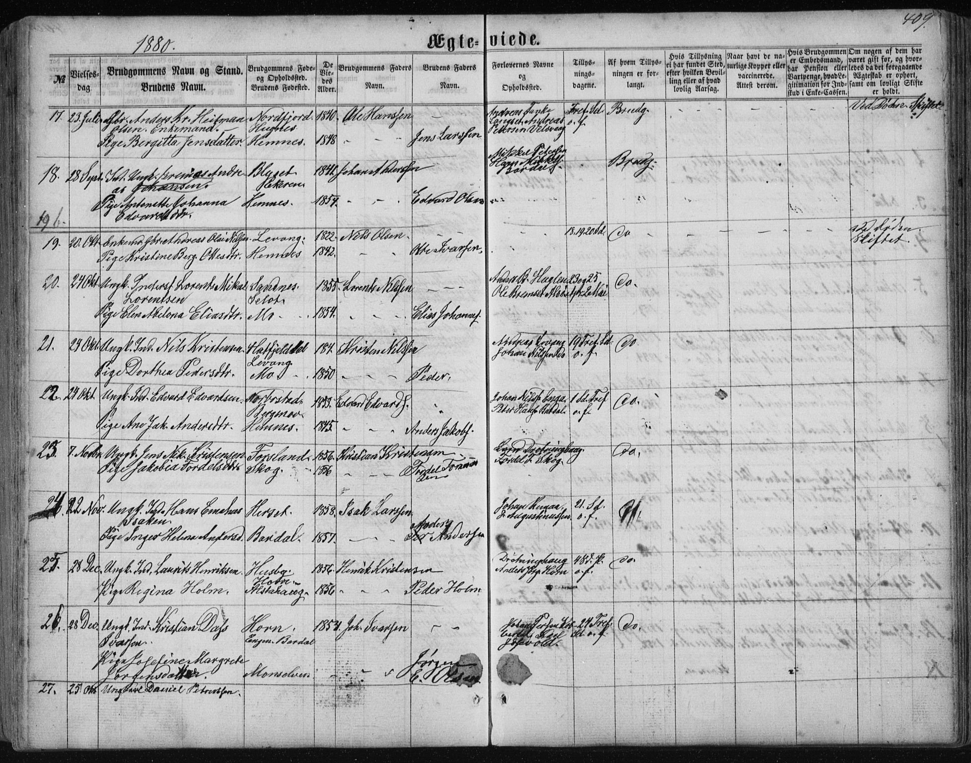 Ministerialprotokoller, klokkerbøker og fødselsregistre - Nordland, AV/SAT-A-1459/838/L0556: Parish register (copy) no. 838C03, 1861-1893, p. 409