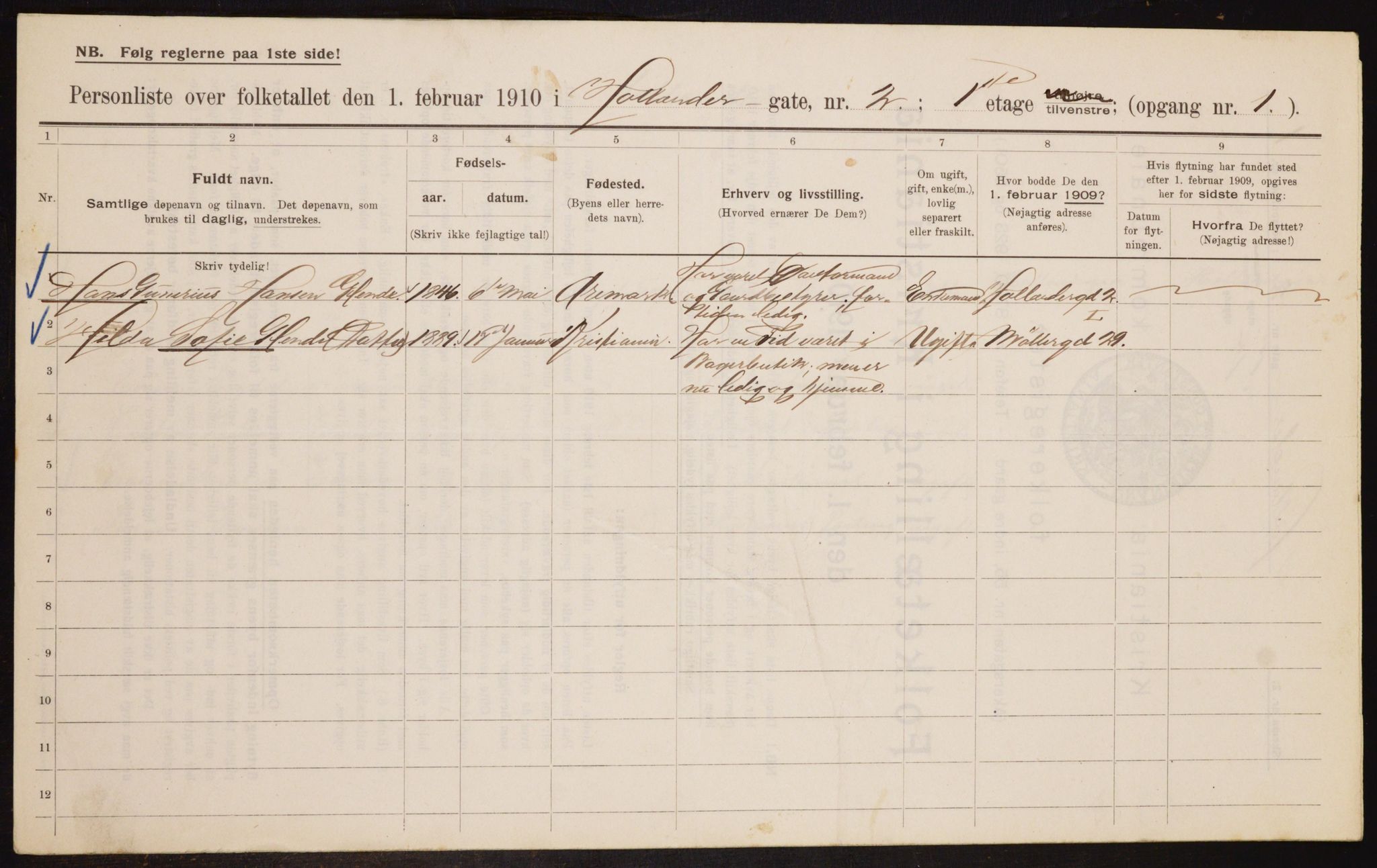 OBA, Municipal Census 1910 for Kristiania, 1910, p. 39869