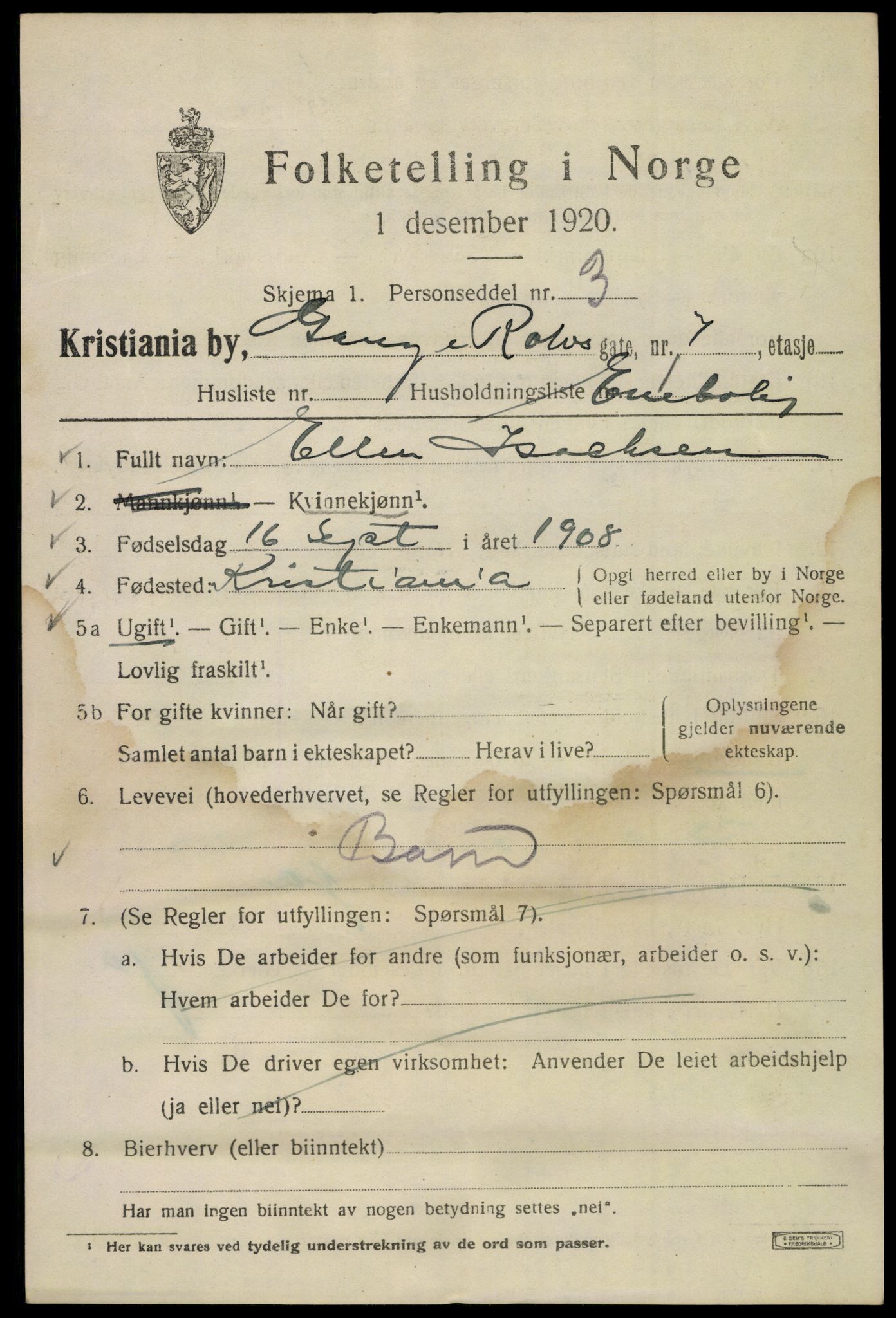 SAO, 1920 census for Kristiania, 1920, p. 247021