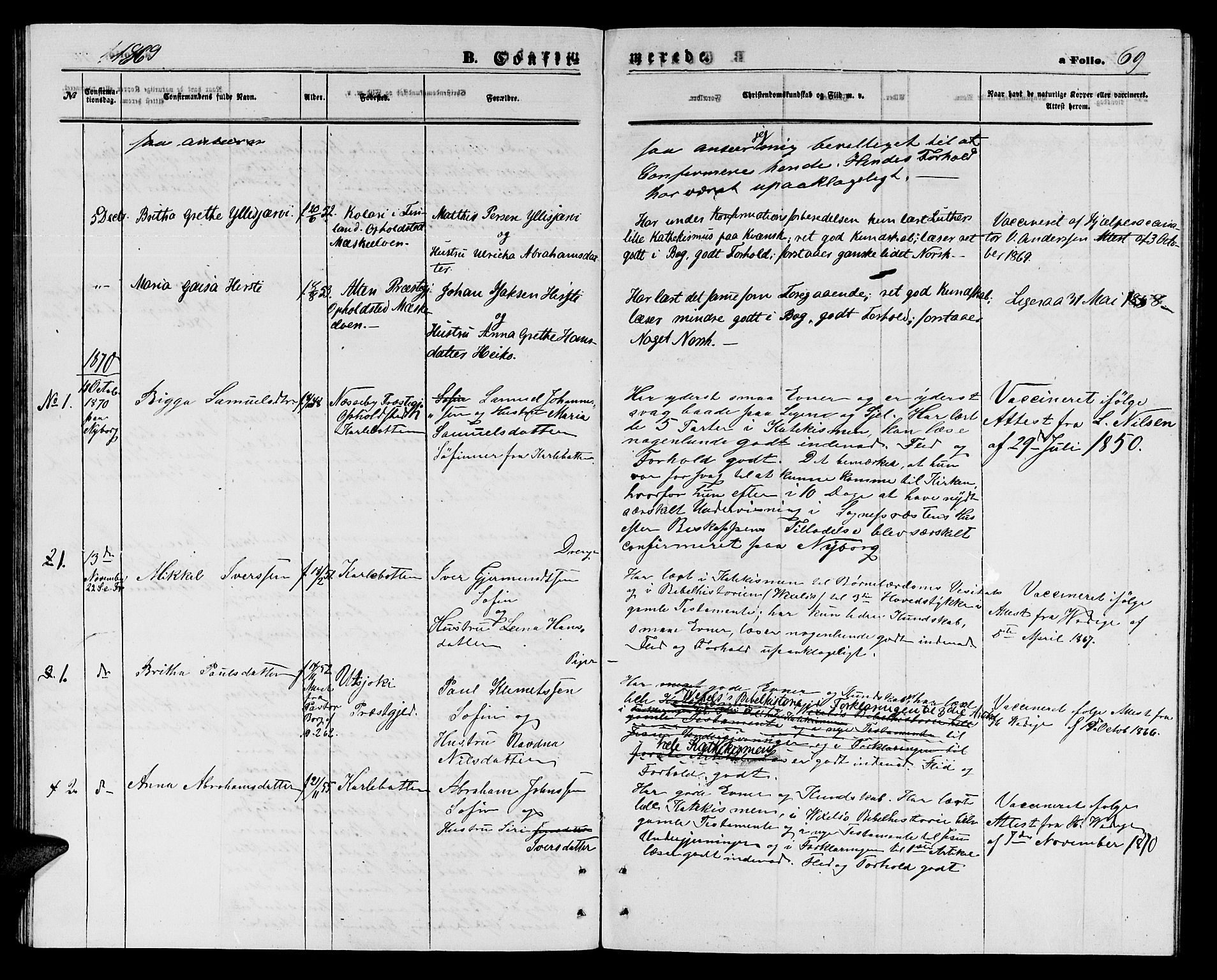 Nesseby sokneprestkontor, SATØ/S-1330/H/Hb/L0003klokker: Parish register (copy) no. 3, 1869-1876, p. 69