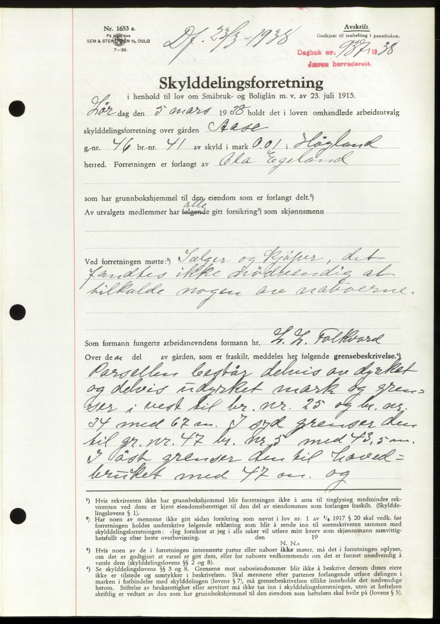 Jæren sorenskriveri, AV/SAST-A-100310/03/G/Gba/L0070: Mortgage book, 1938-1938, Diary no: : 937/1938