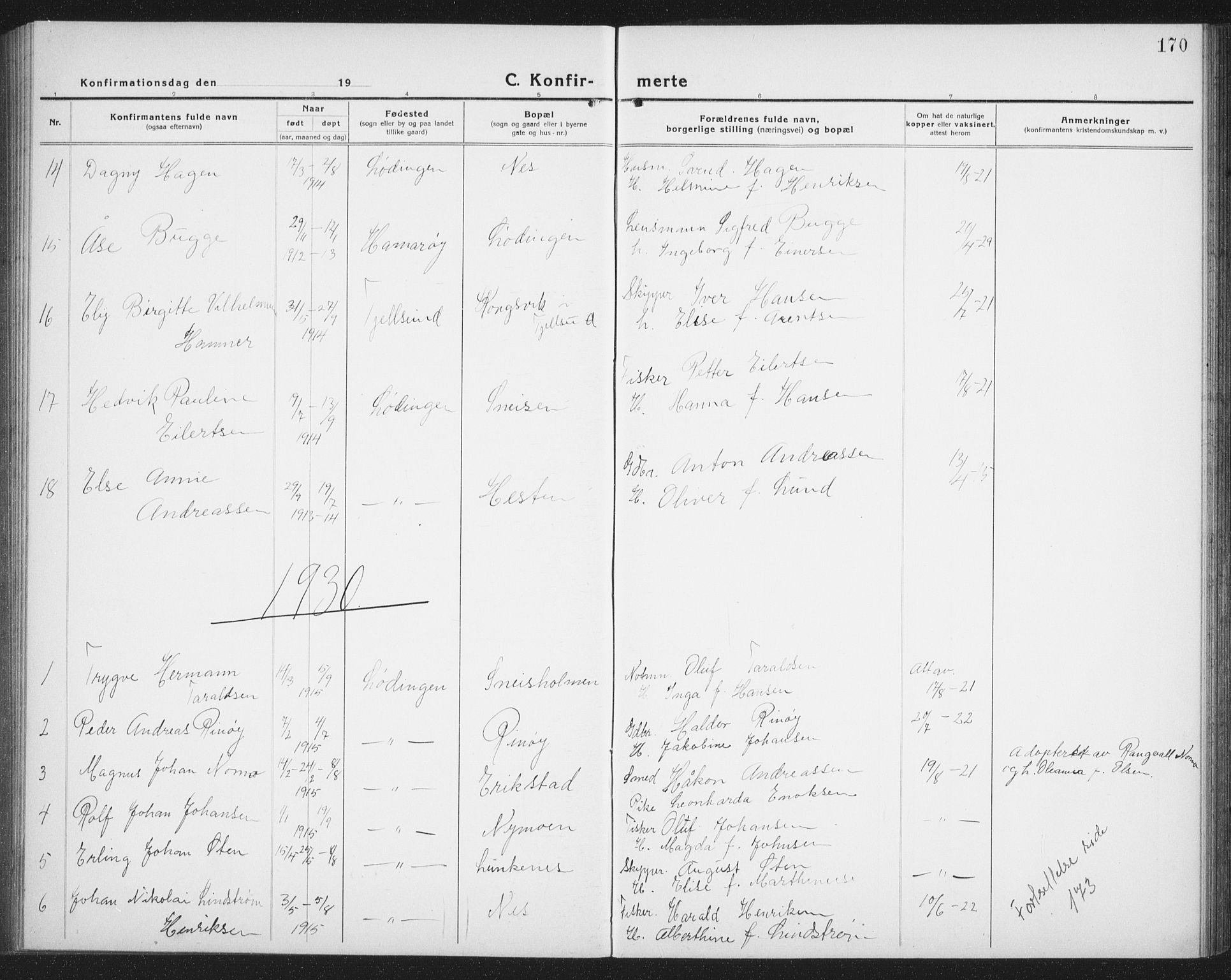 Ministerialprotokoller, klokkerbøker og fødselsregistre - Nordland, AV/SAT-A-1459/872/L1049: Parish register (copy) no. 872C05, 1920-1938, p. 170