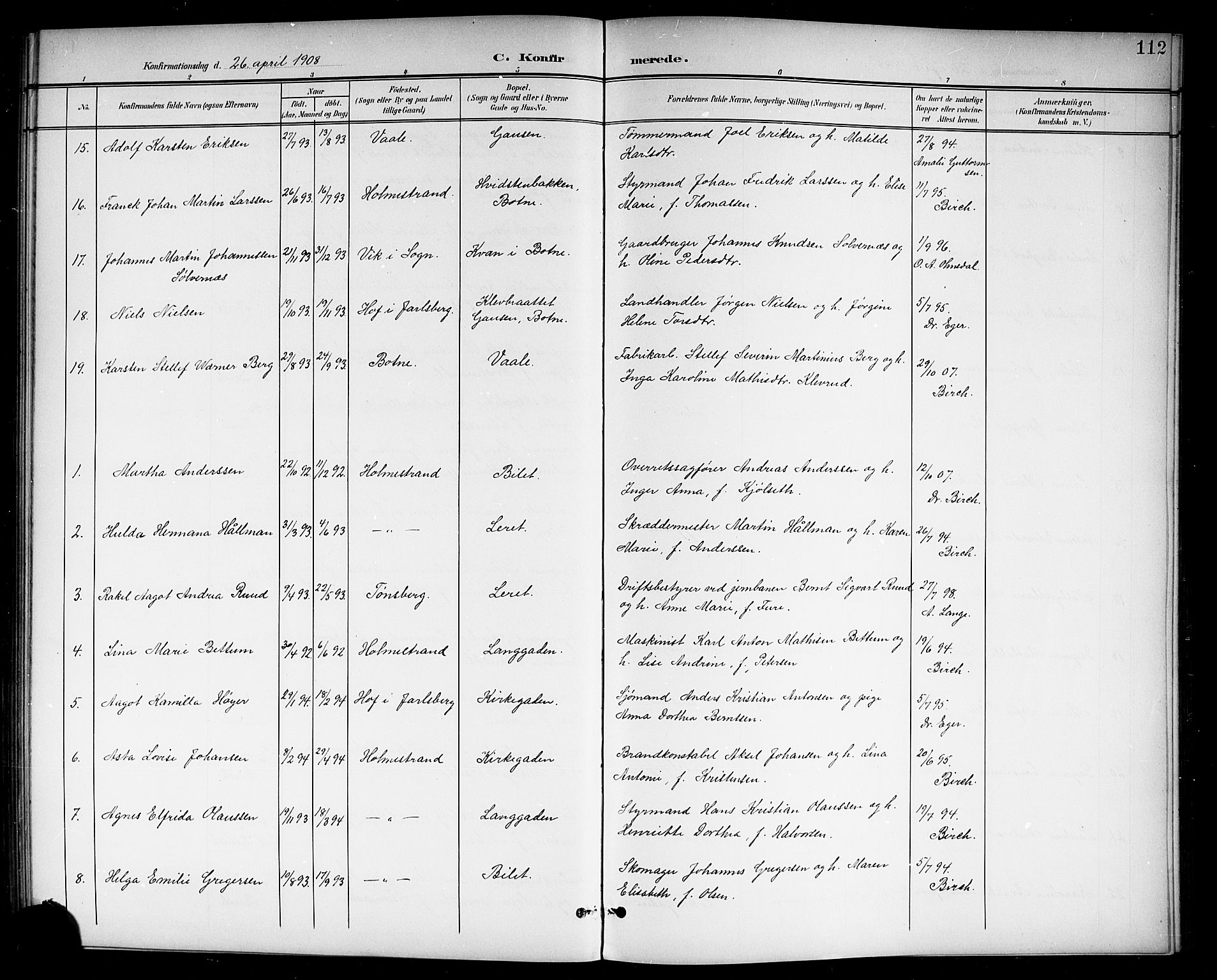 Holmestrand kirkebøker, AV/SAKO-A-346/G/Ga/L0006: Parish register (copy) no. 6, 1901-1923, p. 112