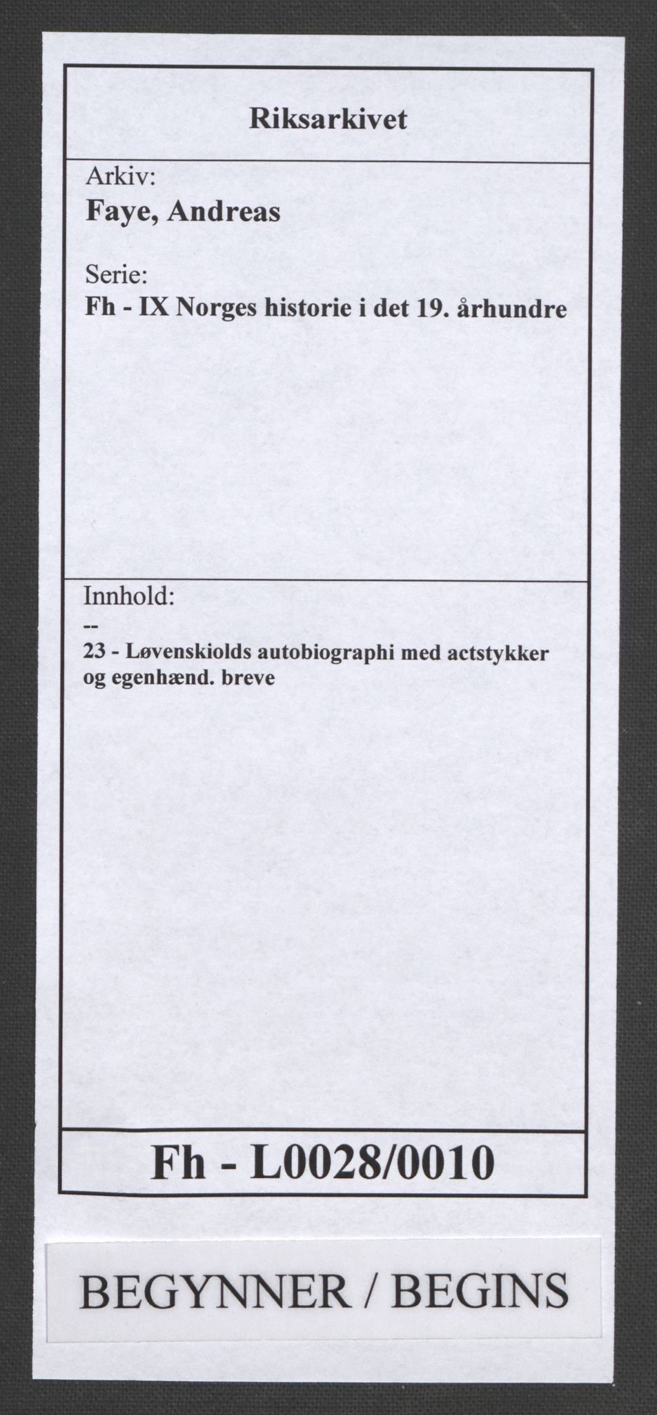 Faye, Andreas, RA/PA-0015/F/Fh/L0028/0010: -- / Løvenskiolds autobiographi med actstykker og egenhænd. breve, p. 1