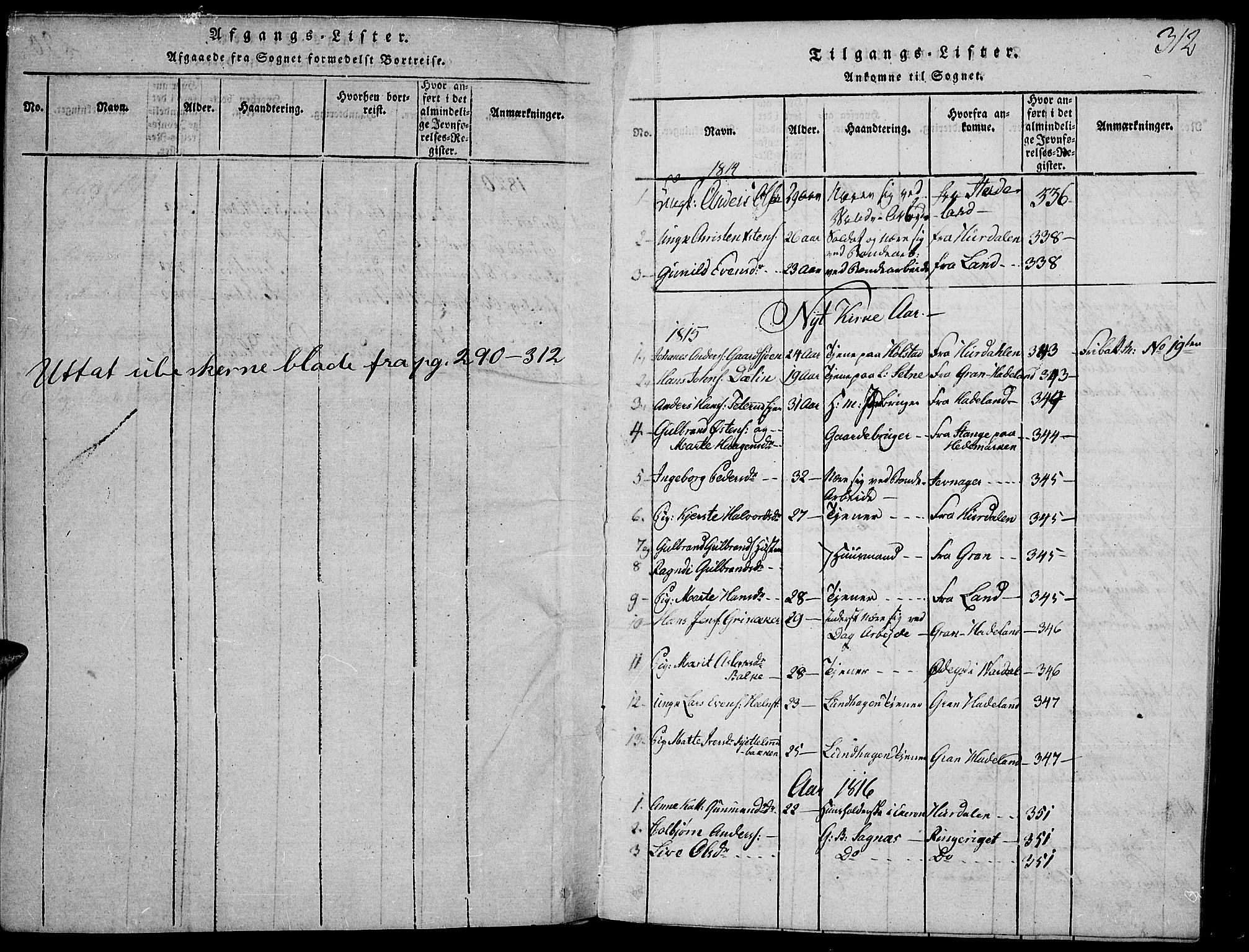 Toten prestekontor, SAH/PREST-102/H/Ha/Haa/L0009: Parish register (official) no. 9, 1814-1820, p. 312