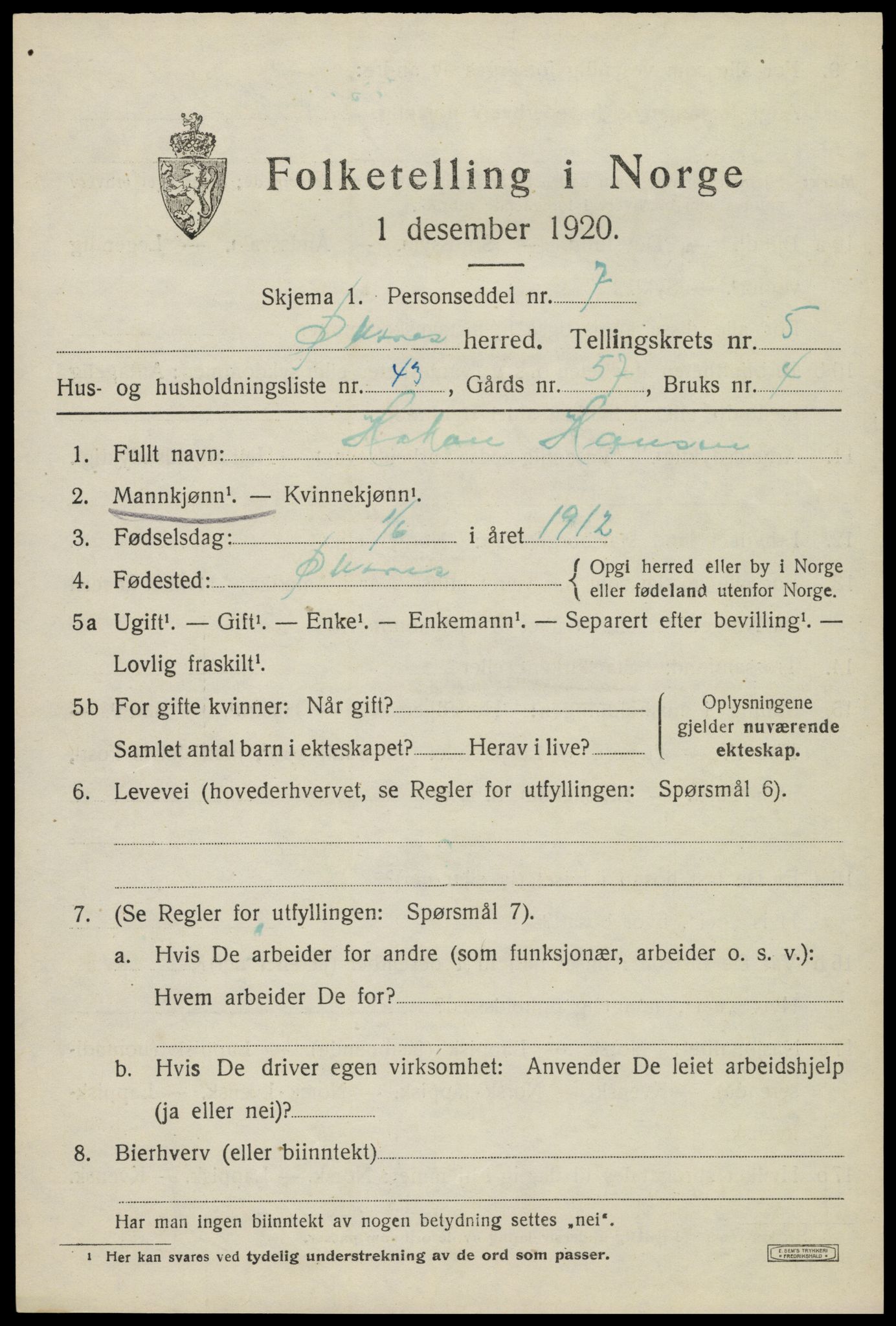 SAT, 1920 census for Øksnes, 1920, p. 4408