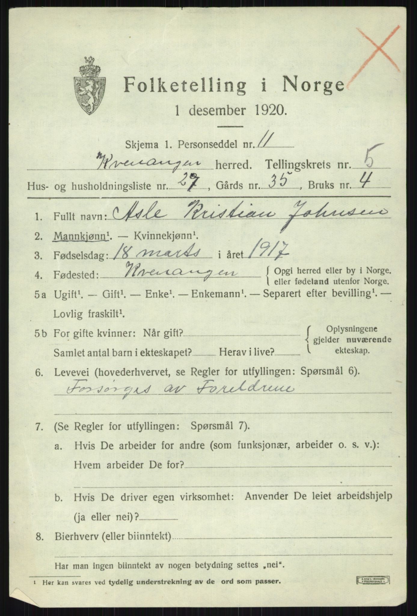 SATØ, 1920 census for Kvænangen, 1920, p. 3618