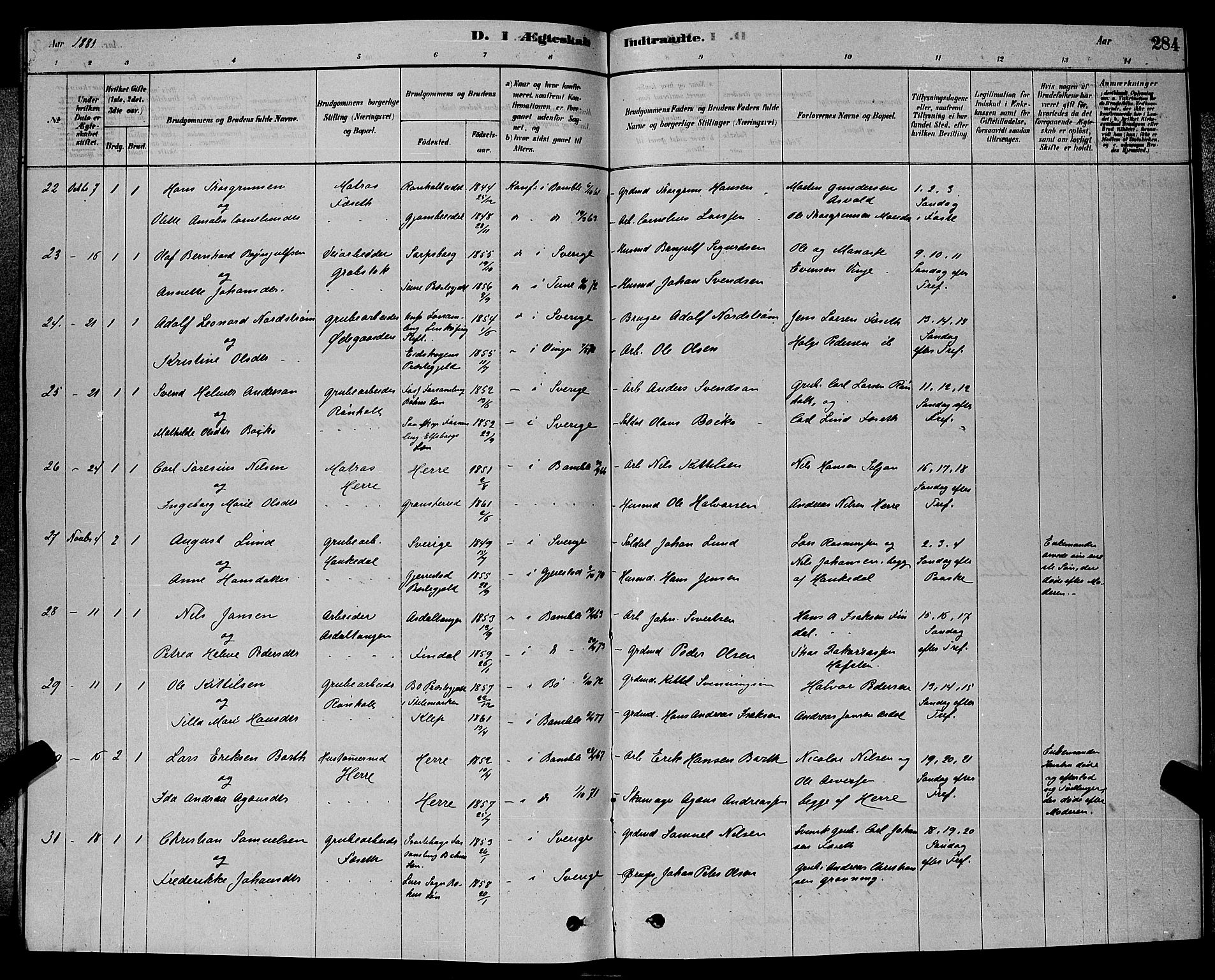 Bamble kirkebøker, AV/SAKO-A-253/G/Ga/L0008: Parish register (copy) no. I 8, 1878-1888, p. 284