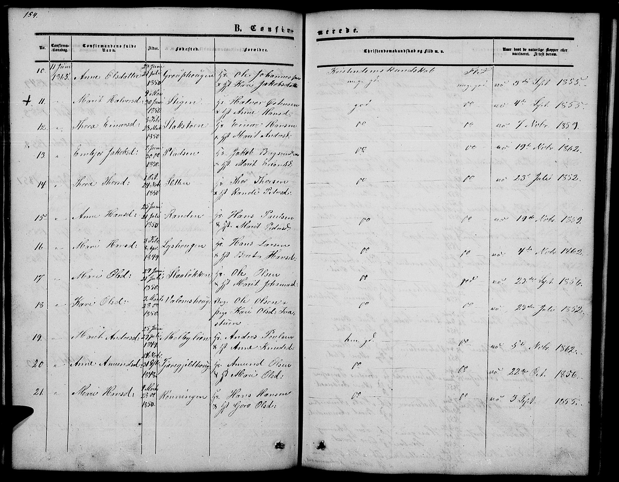 Nord-Fron prestekontor, SAH/PREST-080/H/Ha/Hab/L0002: Parish register (copy) no. 2, 1851-1883, p. 154