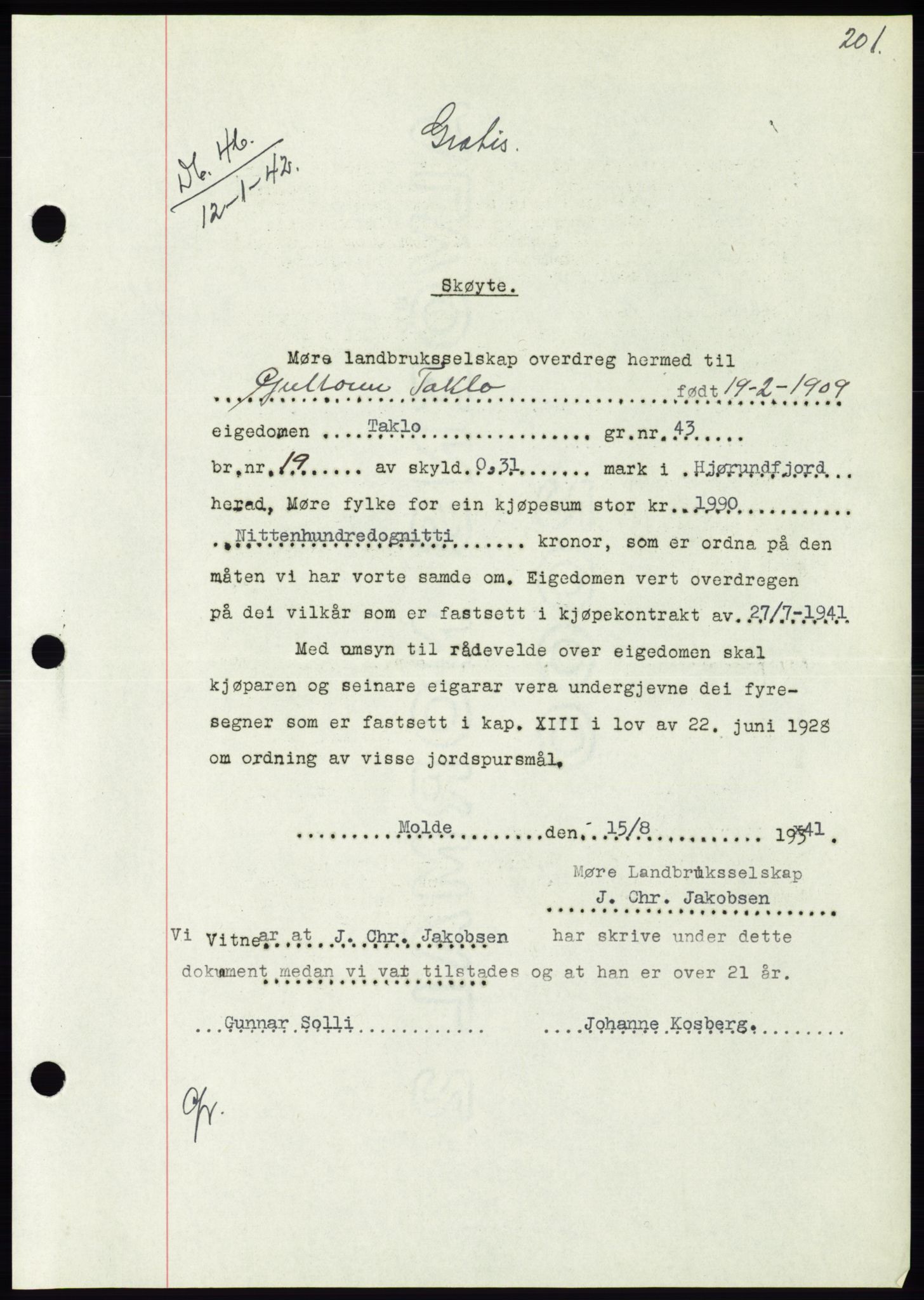 Søre Sunnmøre sorenskriveri, SAT/A-4122/1/2/2C/L0073: Mortgage book no. 67, 1941-1942, Diary no: : 46/1942