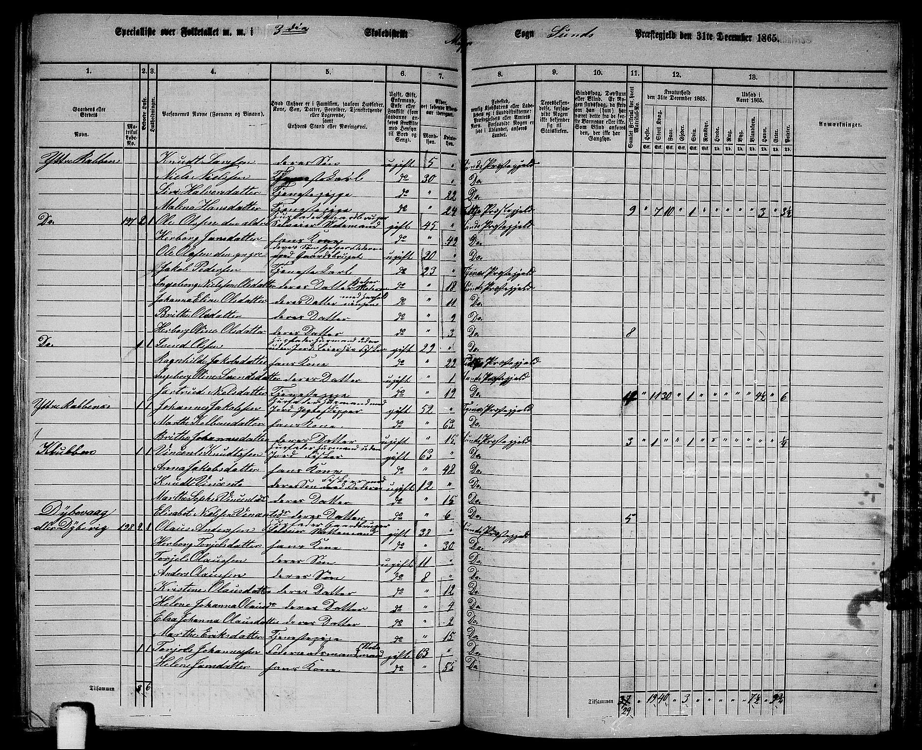 RA, 1865 census for Sund, 1865, p. 150