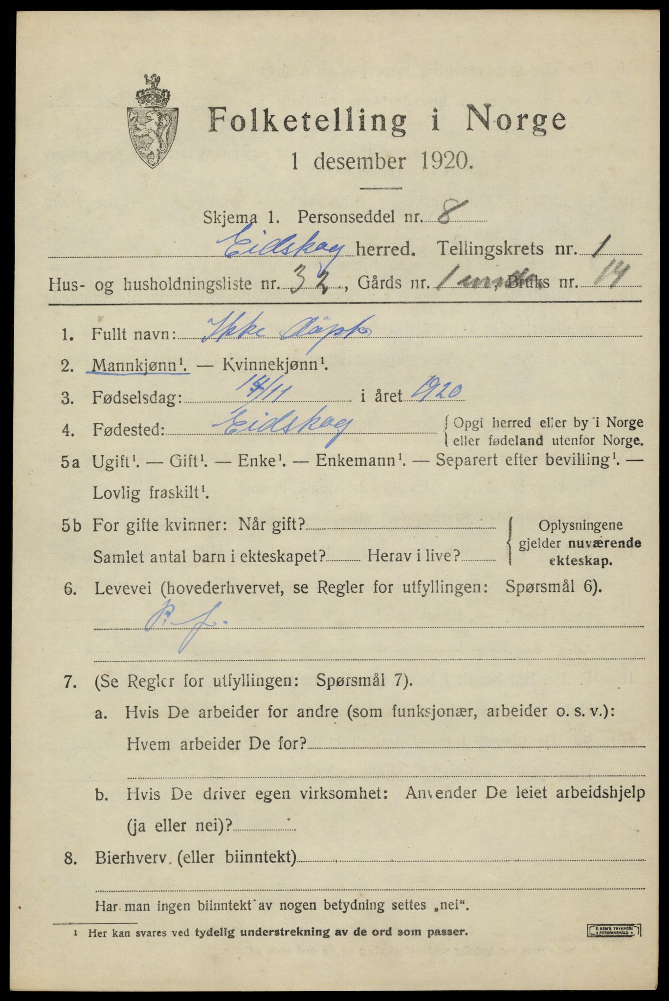 SAH, 1920 census for Eidskog, 1920, p. 2745