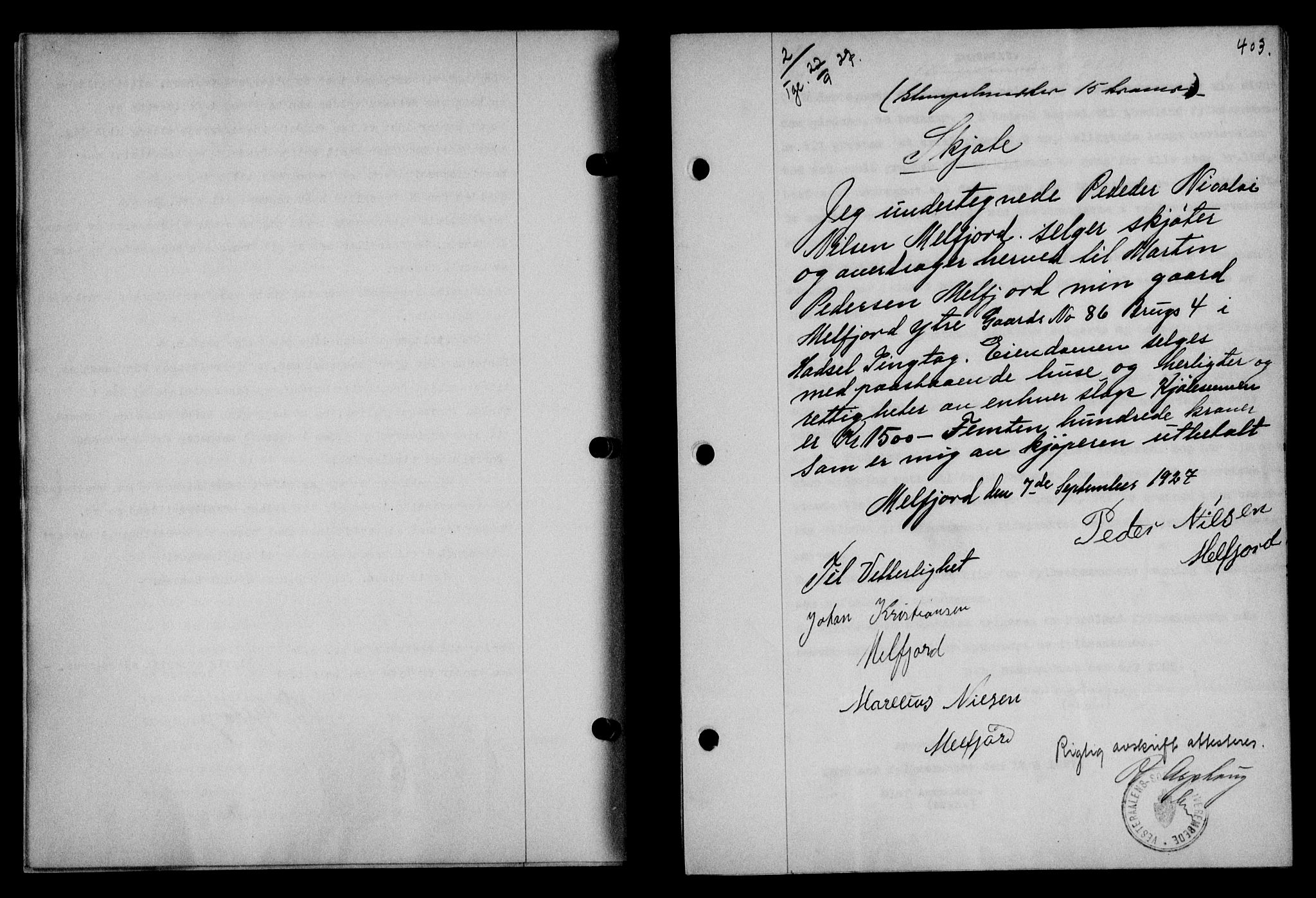 Vesterålen sorenskriveri, SAT/A-4180/1/2/2Ca/L0044: Mortgage book no. 37, 1927-1927, Deed date: 22.09.1927