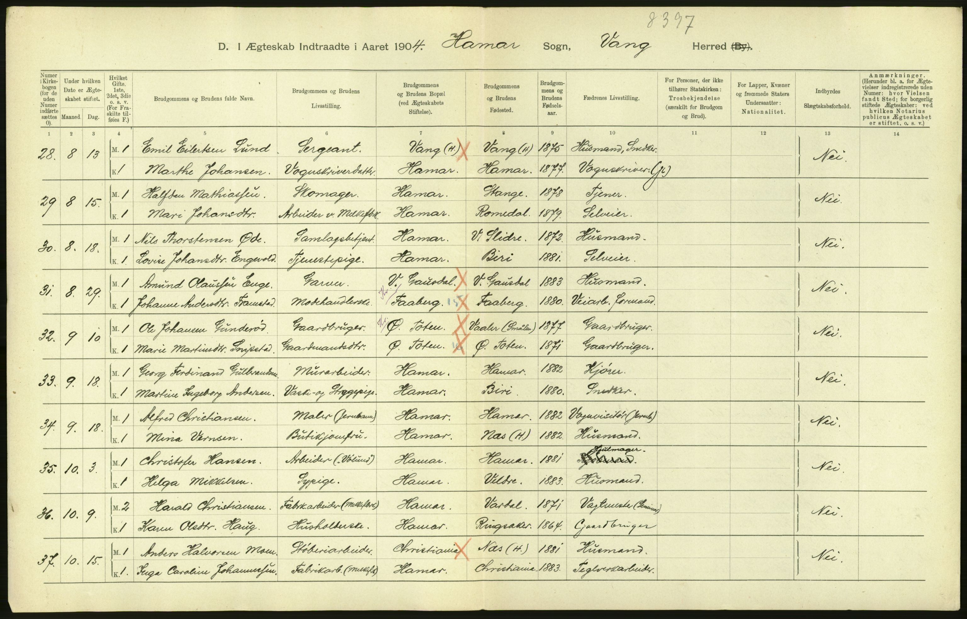 Statistisk sentralbyrå, Sosiodemografiske emner, Befolkning, AV/RA-S-2228/D/Df/Dfa/Dfab/L0005: Hedemarkens amt: Fødte, gifte, døde, 1904, p. 32