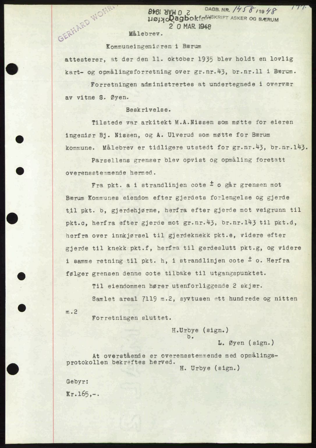 Asker og Bærum sorenskriveri, AV/SAO-A-10379a/G/Gb/Gba/L0001: Mortgage book no. A87, 1948-1948, Diary no: : 1458/1948