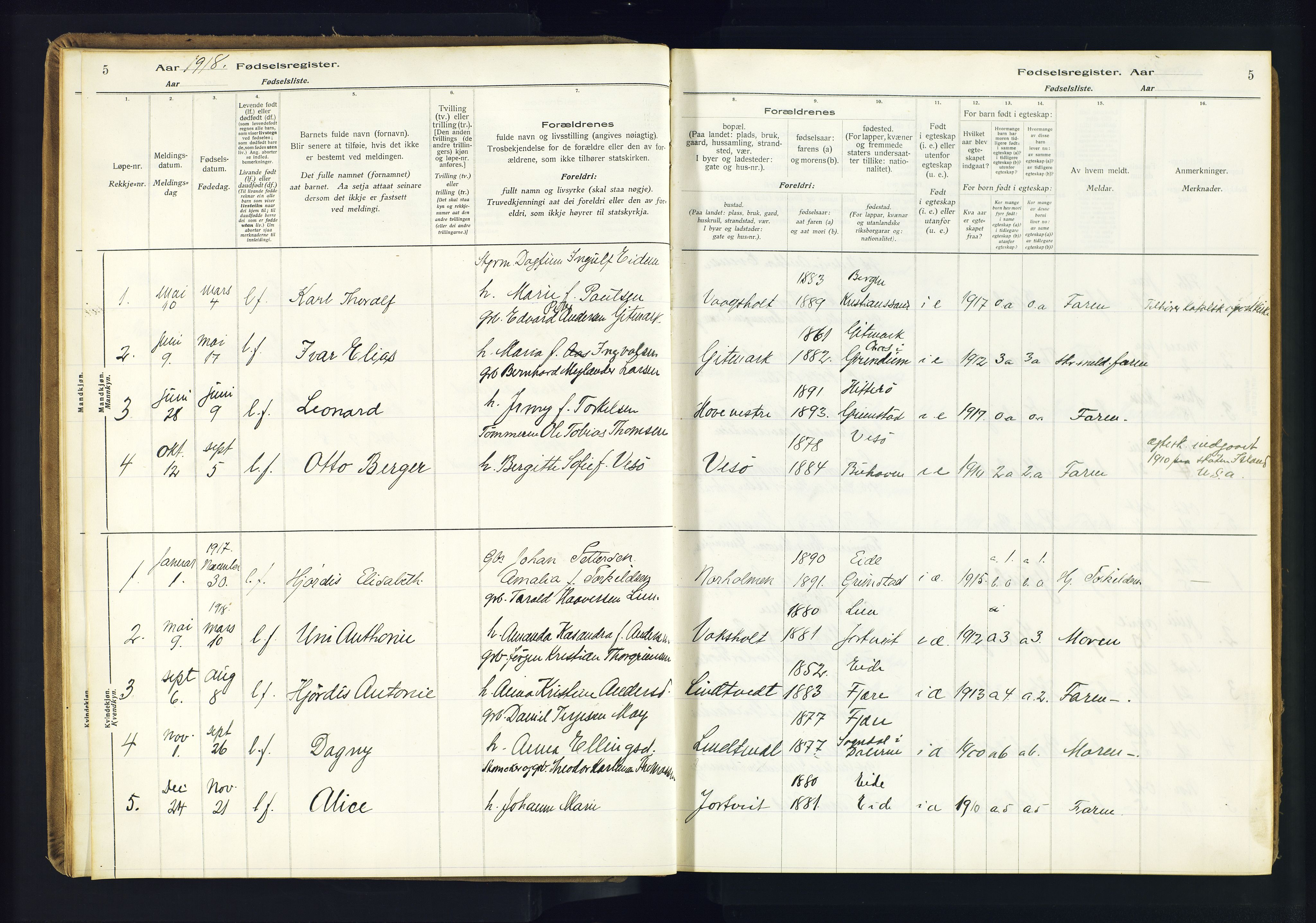 Hommedal sokneprestkontor, SAK/1111-0023/J/Jd/L0003: Birth register no. 3, 1916-1982, p. 5