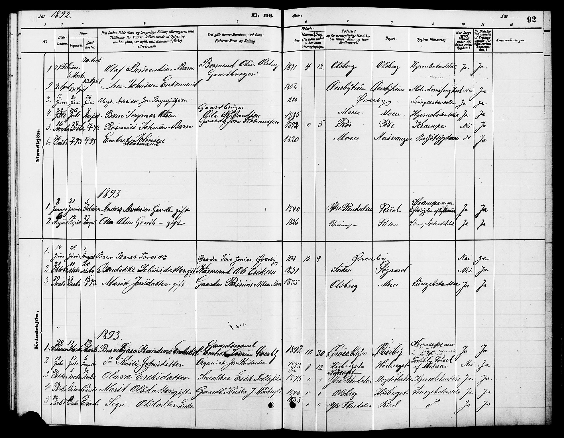Tynset prestekontor, SAH/PREST-058/H/Ha/Hab/L0007: Parish register (copy) no. 7, 1880-1901, p. 92