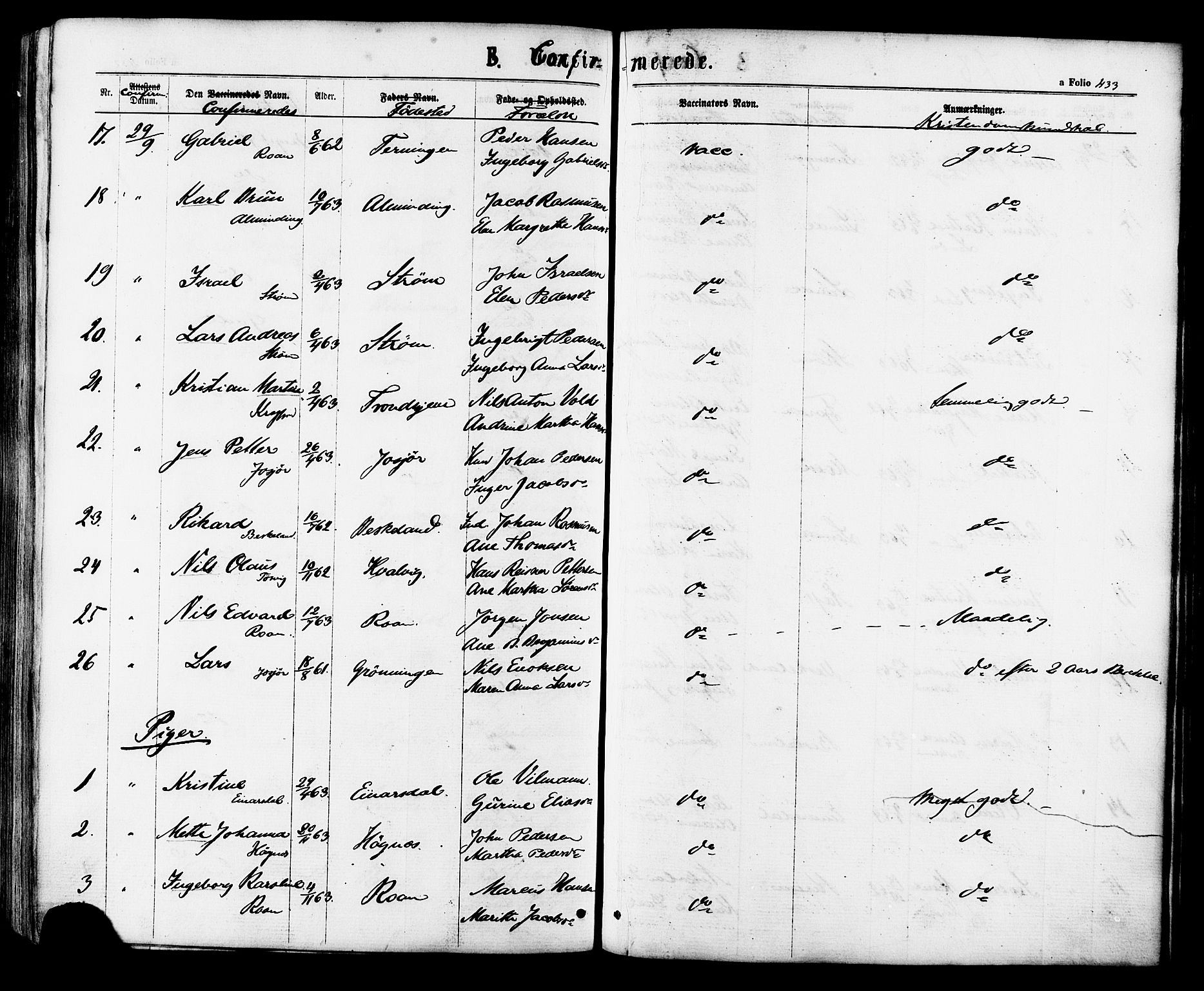 Ministerialprotokoller, klokkerbøker og fødselsregistre - Sør-Trøndelag, AV/SAT-A-1456/657/L0706: Parish register (official) no. 657A07, 1867-1878, p. 433