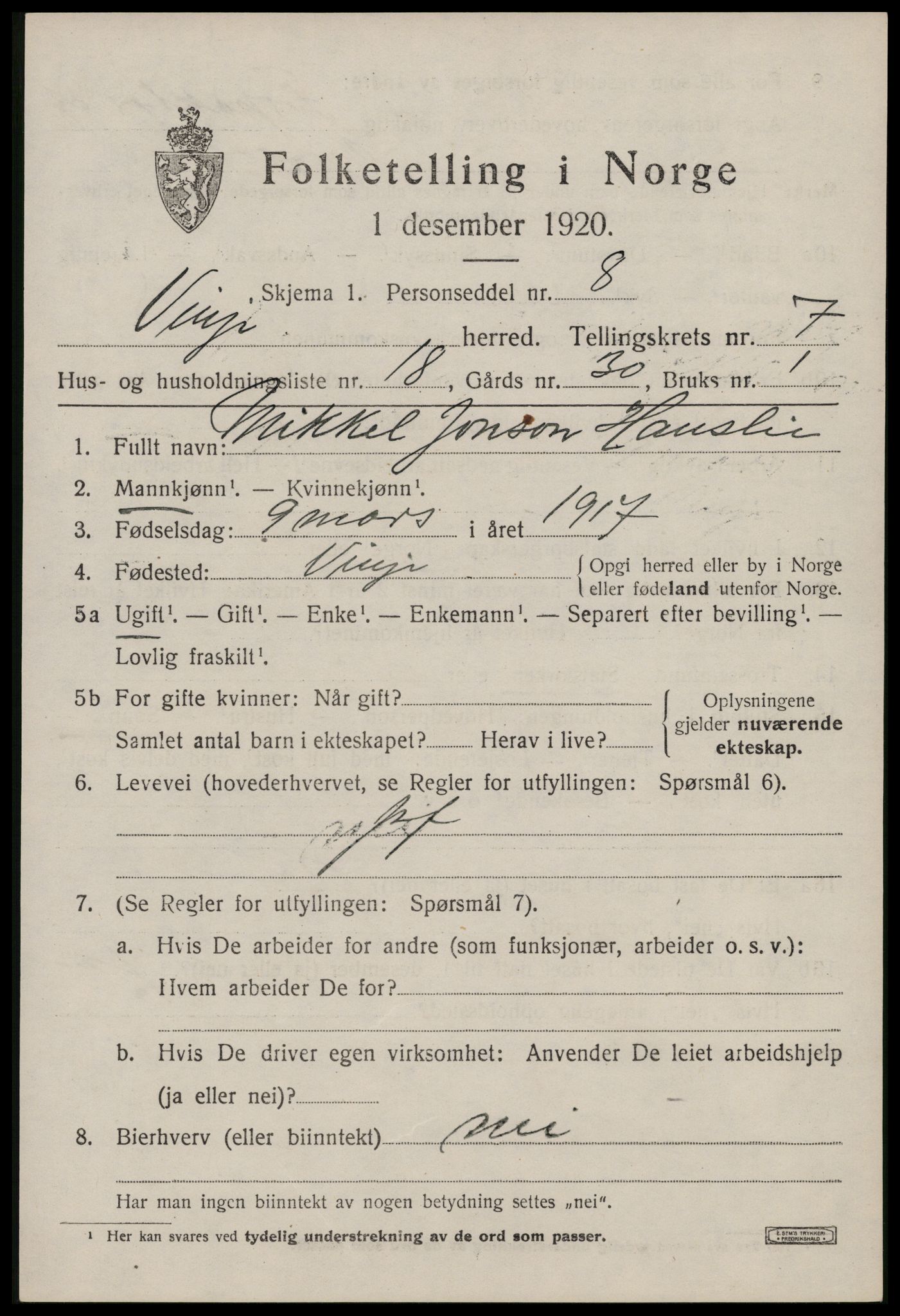 SAKO, 1920 census for Vinje, 1920, p. 2191