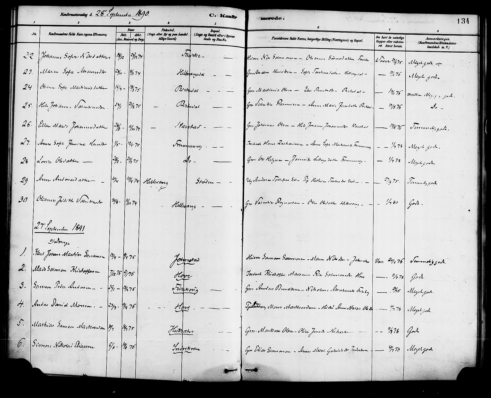 Førde sokneprestembete, SAB/A-79901/H/Haa/Haad/L0001: Parish register (official) no. D 1, 1881-1898, p. 134