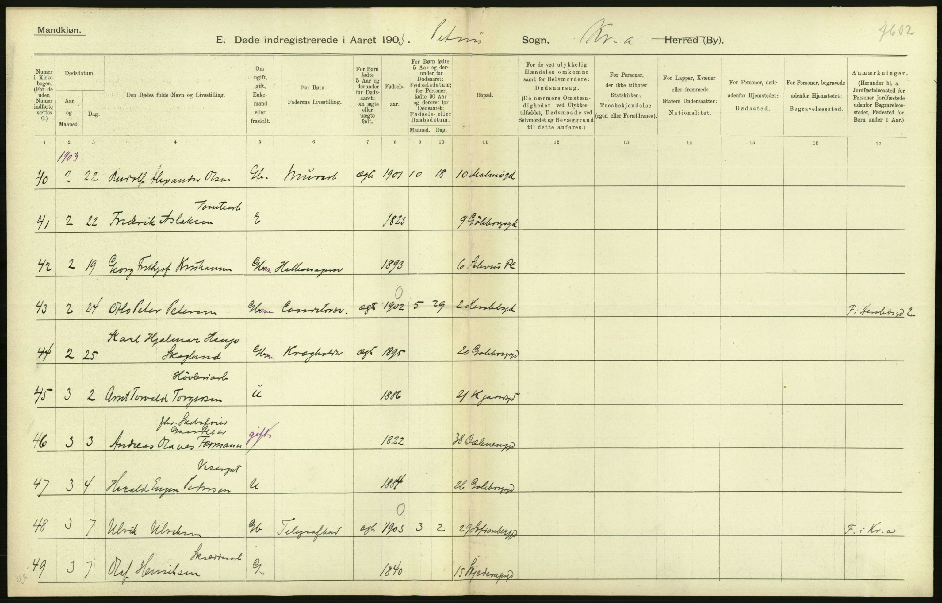 Statistisk sentralbyrå, Sosiodemografiske emner, Befolkning, AV/RA-S-2228/D/Df/Dfa/Dfaa/L0004: Kristiania: Gifte, døde, 1903, p. 338