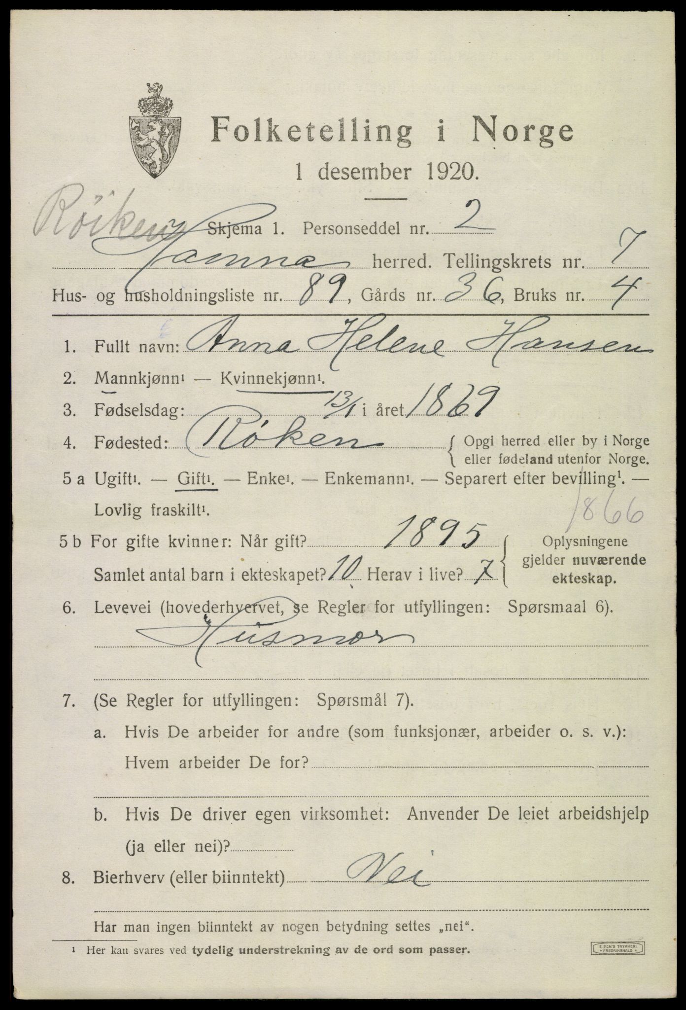 SAKO, 1920 census for Hurum, 1920, p. 10114