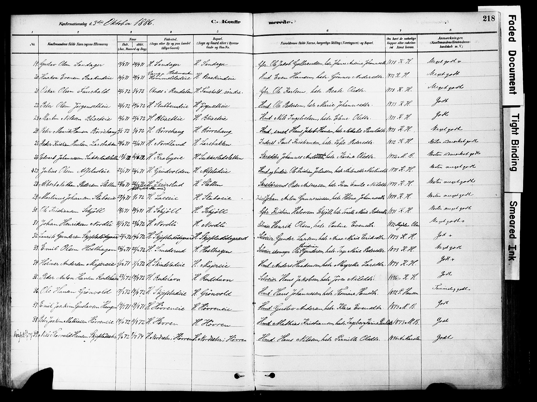 Østre Toten prestekontor, AV/SAH-PREST-104/H/Ha/Haa/L0006: Parish register (official) no. 6 /1, 1878-1896, p. 218