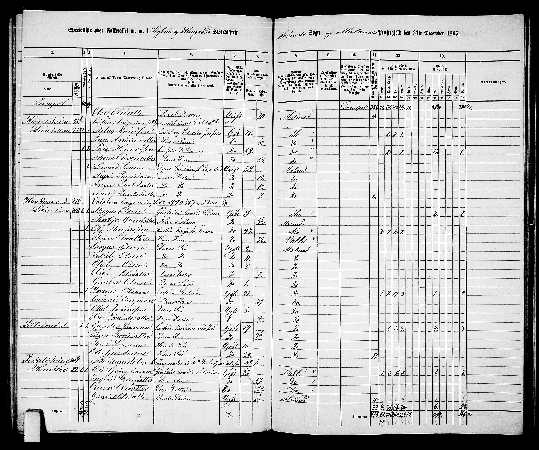 RA, 1865 census for Moland, 1865, p. 74