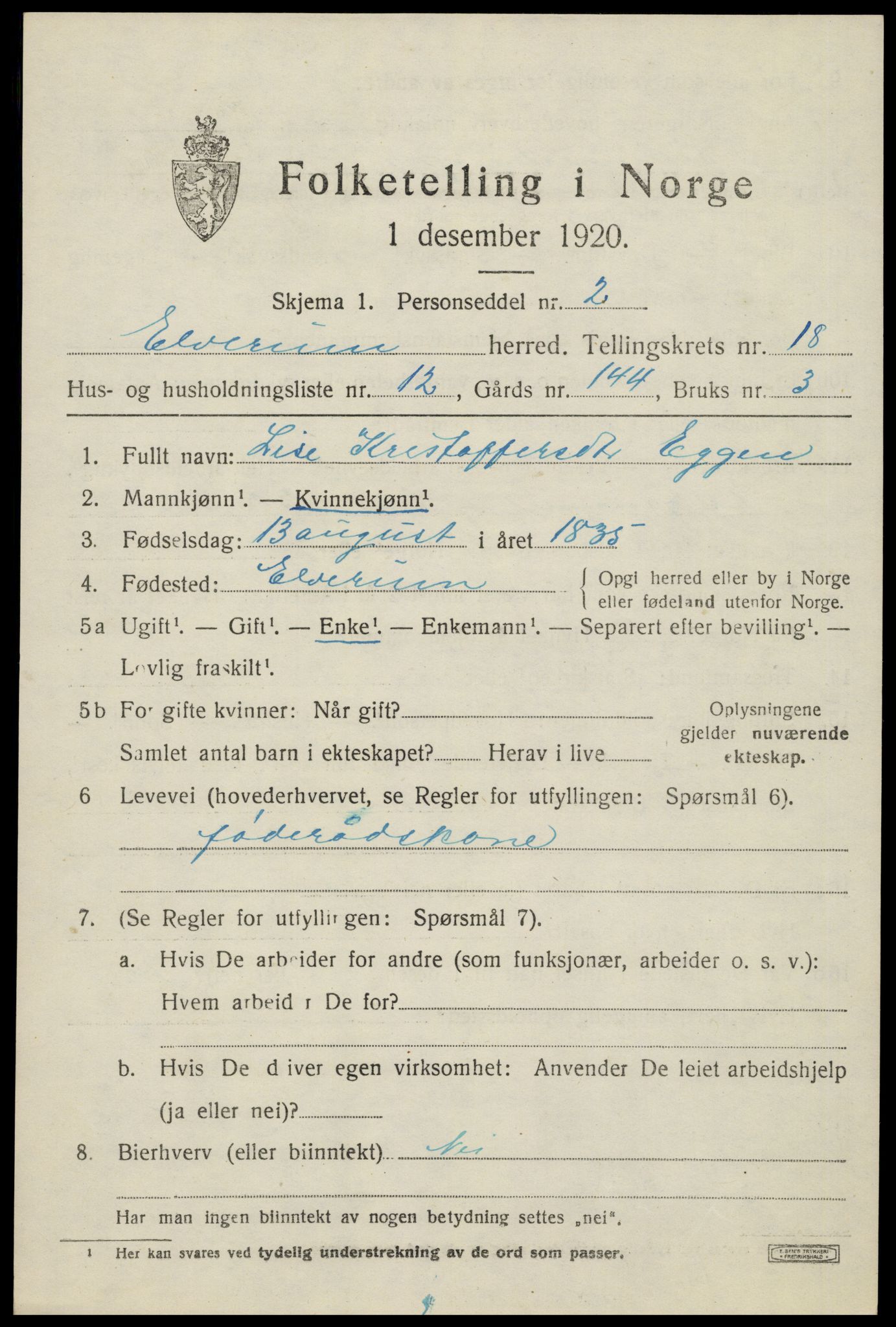 SAH, 1920 census for Elverum, 1920, p. 22206