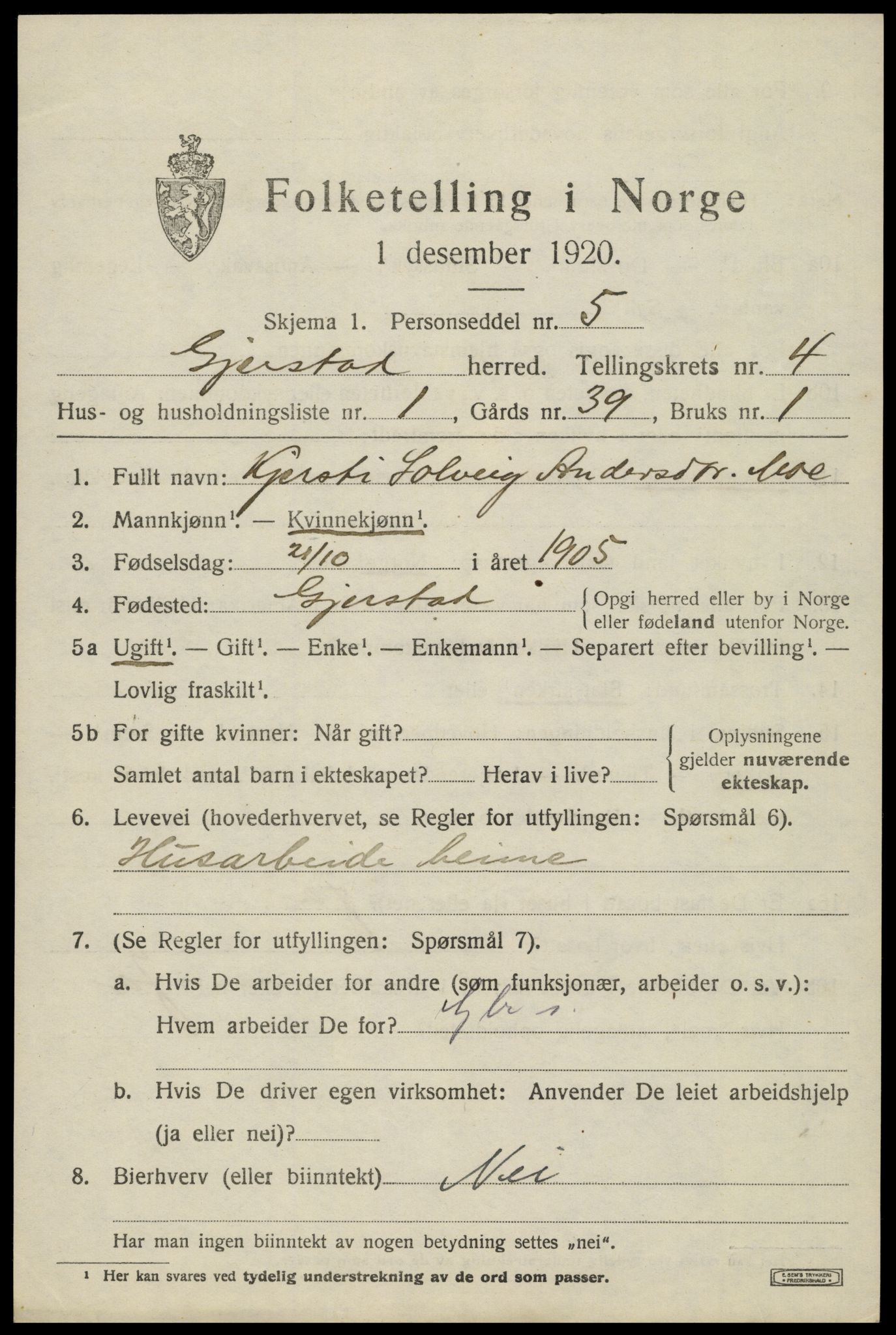 SAK, 1920 census for Gjerstad, 1920, p. 2713