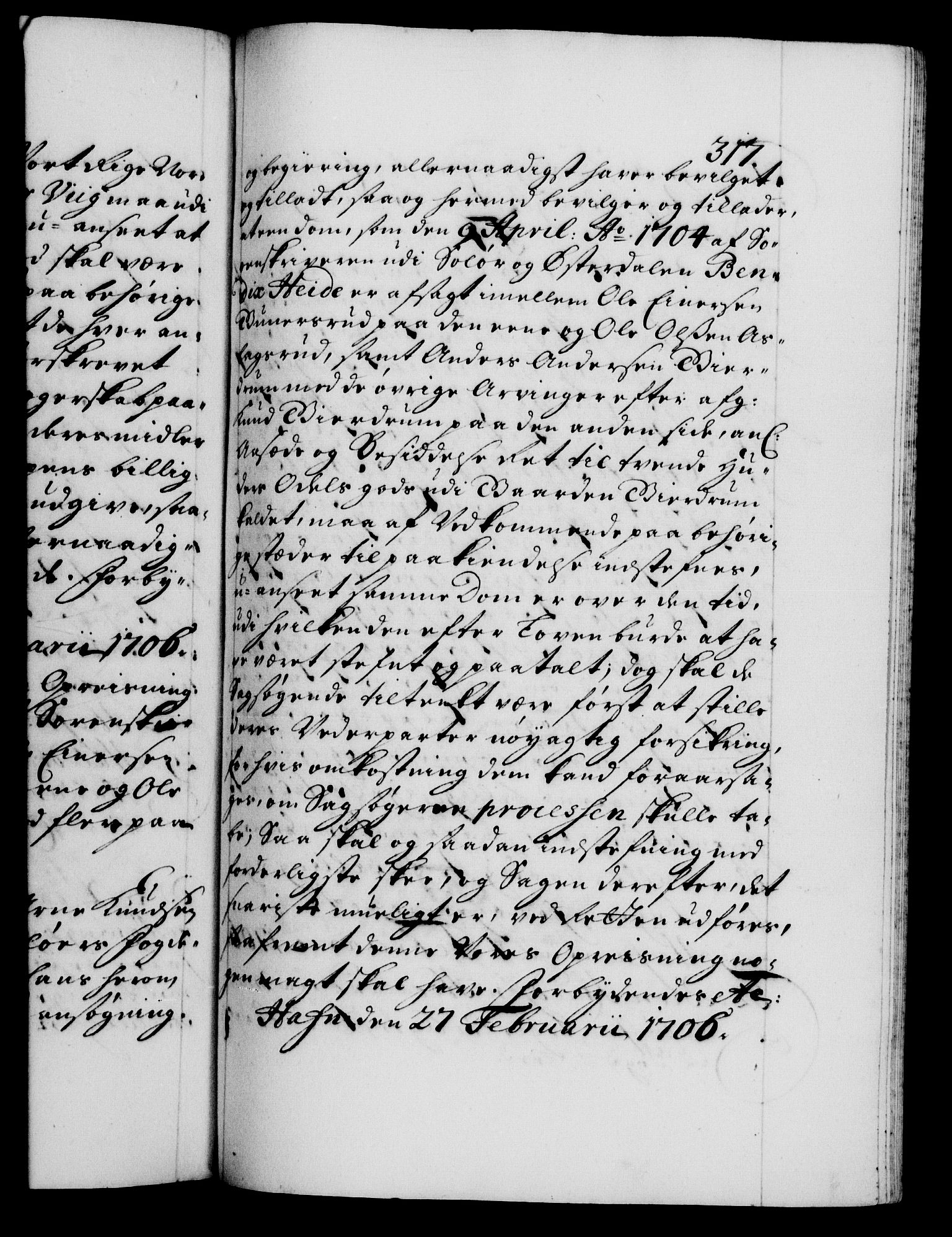 Danske Kanselli 1572-1799, AV/RA-EA-3023/F/Fc/Fca/Fcaa/L0019: Norske registre, 1704-1707, p. 317a