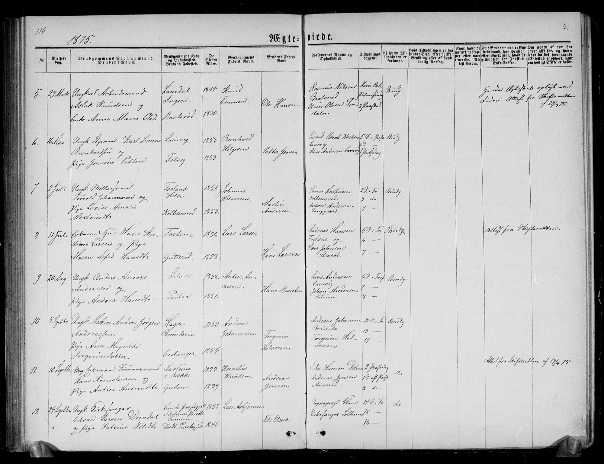 Brunlanes kirkebøker, SAKO/A-342/G/Ga/L0002: Parish register (copy) no. I 2, 1866-1876, p. 116