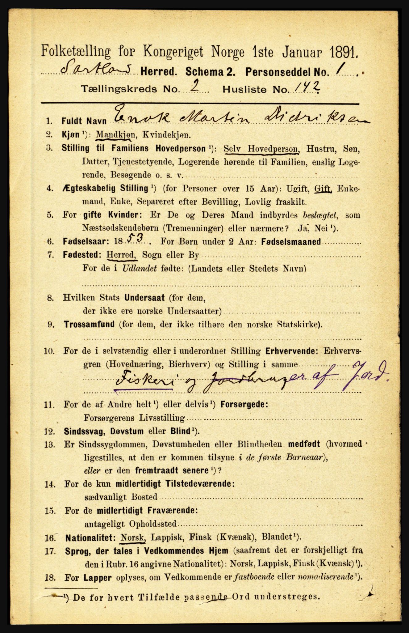 RA, 1891 census for 1870 Sortland, 1891, p. 2072