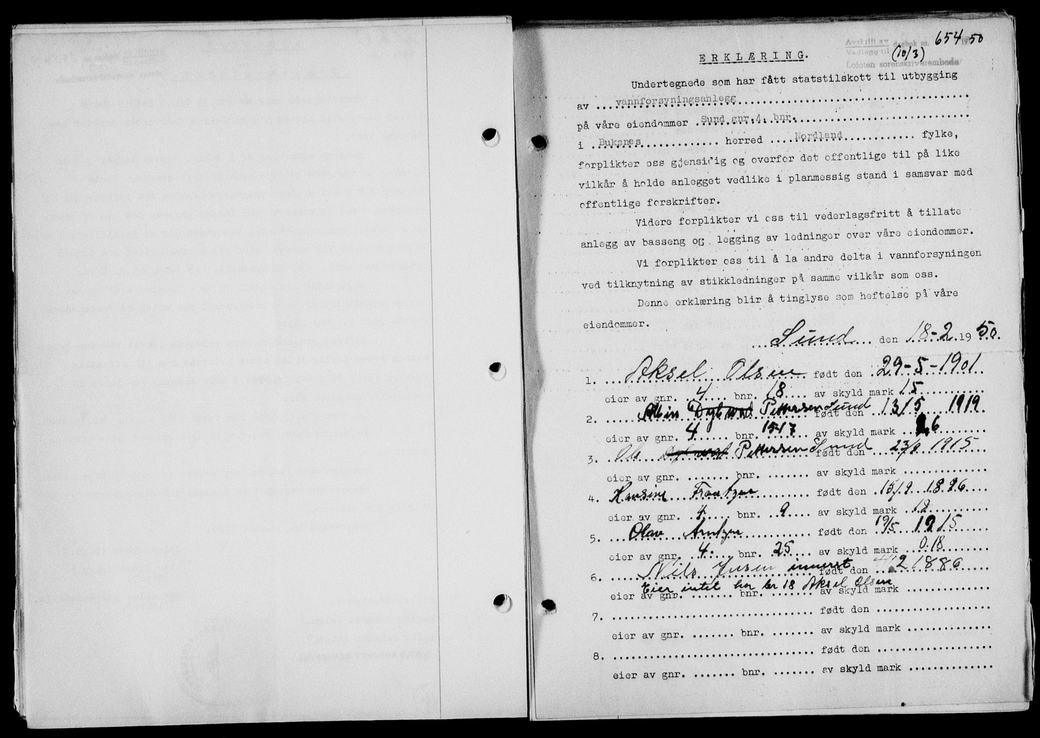 Lofoten sorenskriveri, SAT/A-0017/1/2/2C/L0023a: Mortgage book no. 23a, 1950-1950, Diary no: : 654/1950