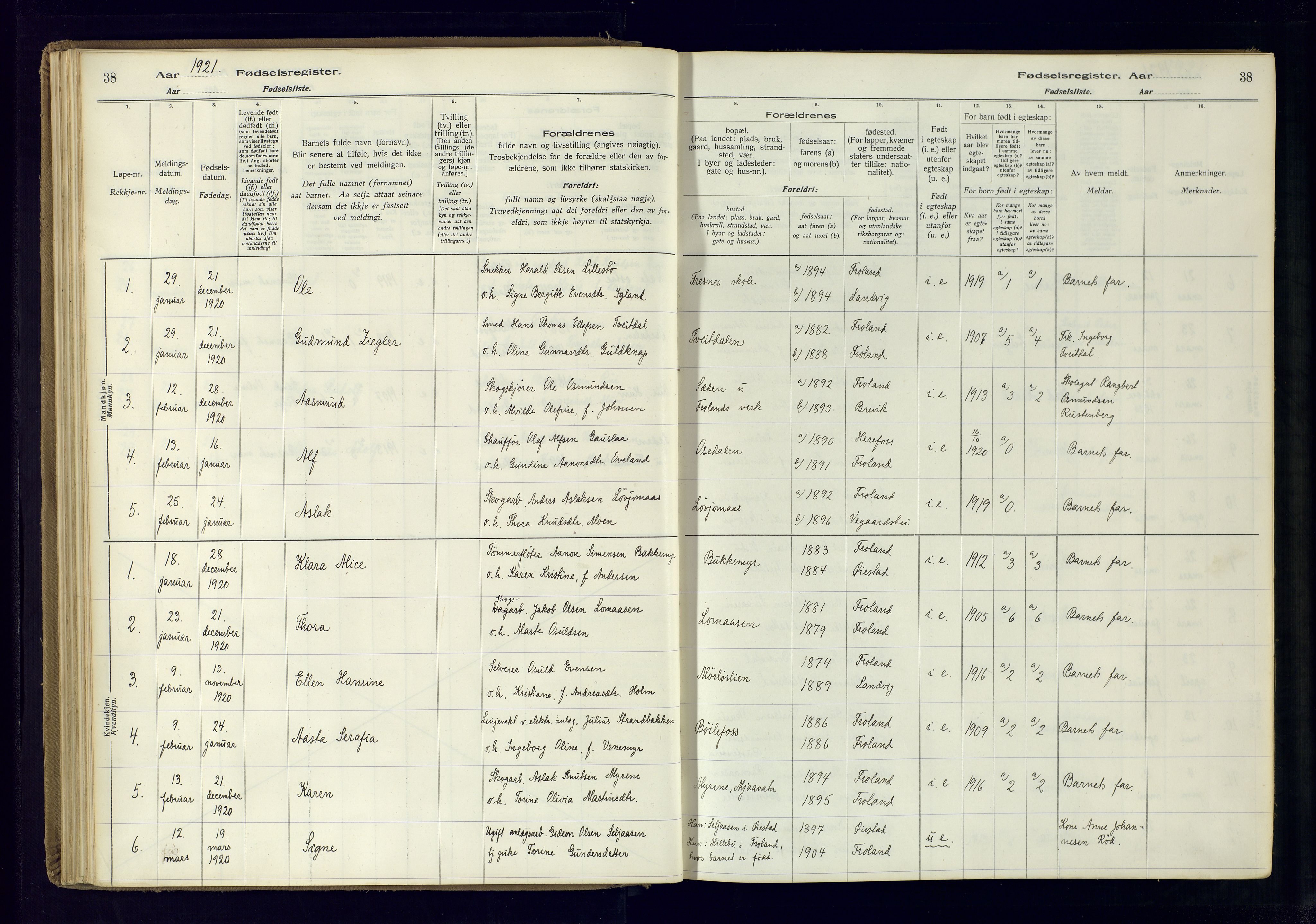 Froland sokneprestkontor, AV/SAK-1111-0013/J/Ja/L0001: Birth register no. 1, 1916-1950, p. 38