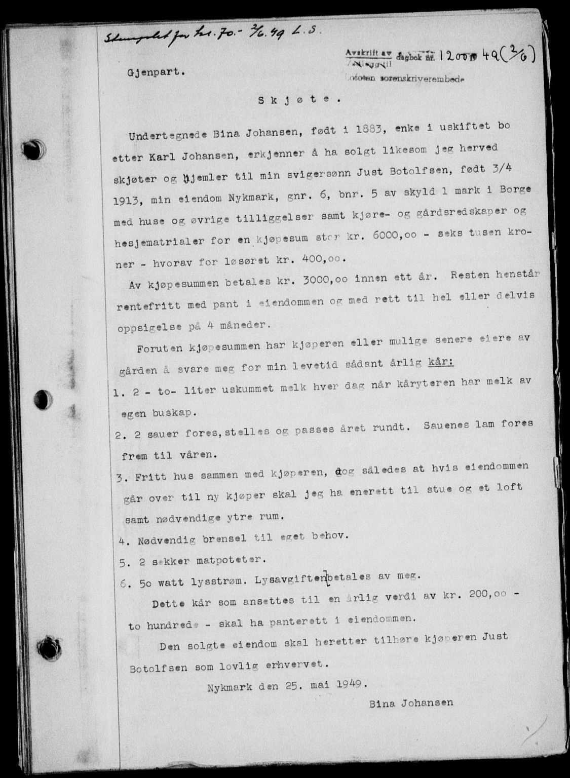 Lofoten sorenskriveri, SAT/A-0017/1/2/2C/L0021a: Mortgage book no. 21a, 1949-1949, Diary no: : 1200/1949