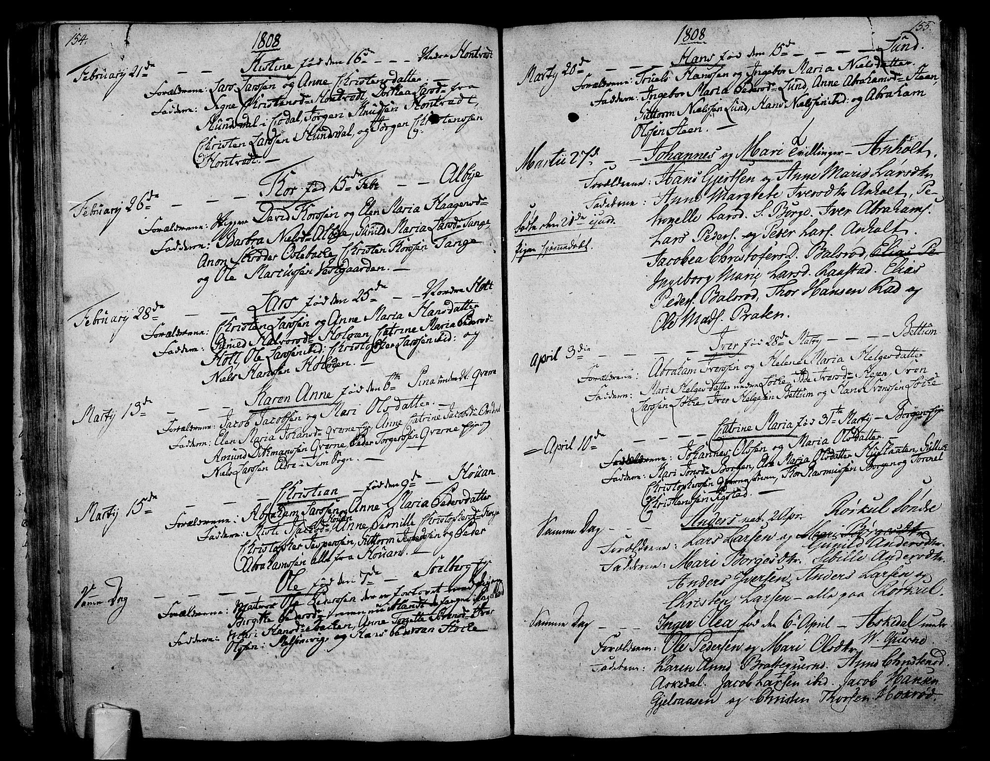 Stokke kirkebøker, AV/SAKO-A-320/F/Fa/L0004: Parish register (official) no. I 4, 1804-1815, p. 154-155