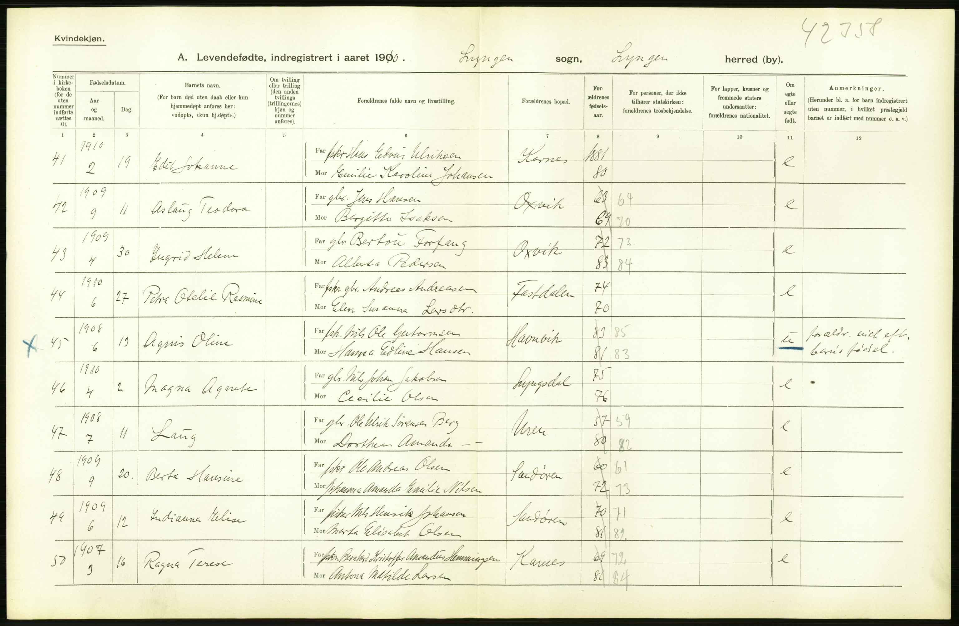 Statistisk sentralbyrå, Sosiodemografiske emner, Befolkning, AV/RA-S-2228/D/Df/Dfa/Dfah/L0043: Tromsø amt: Levendefødte menn og kvinner. Bygder og byer., 1910, p. 12