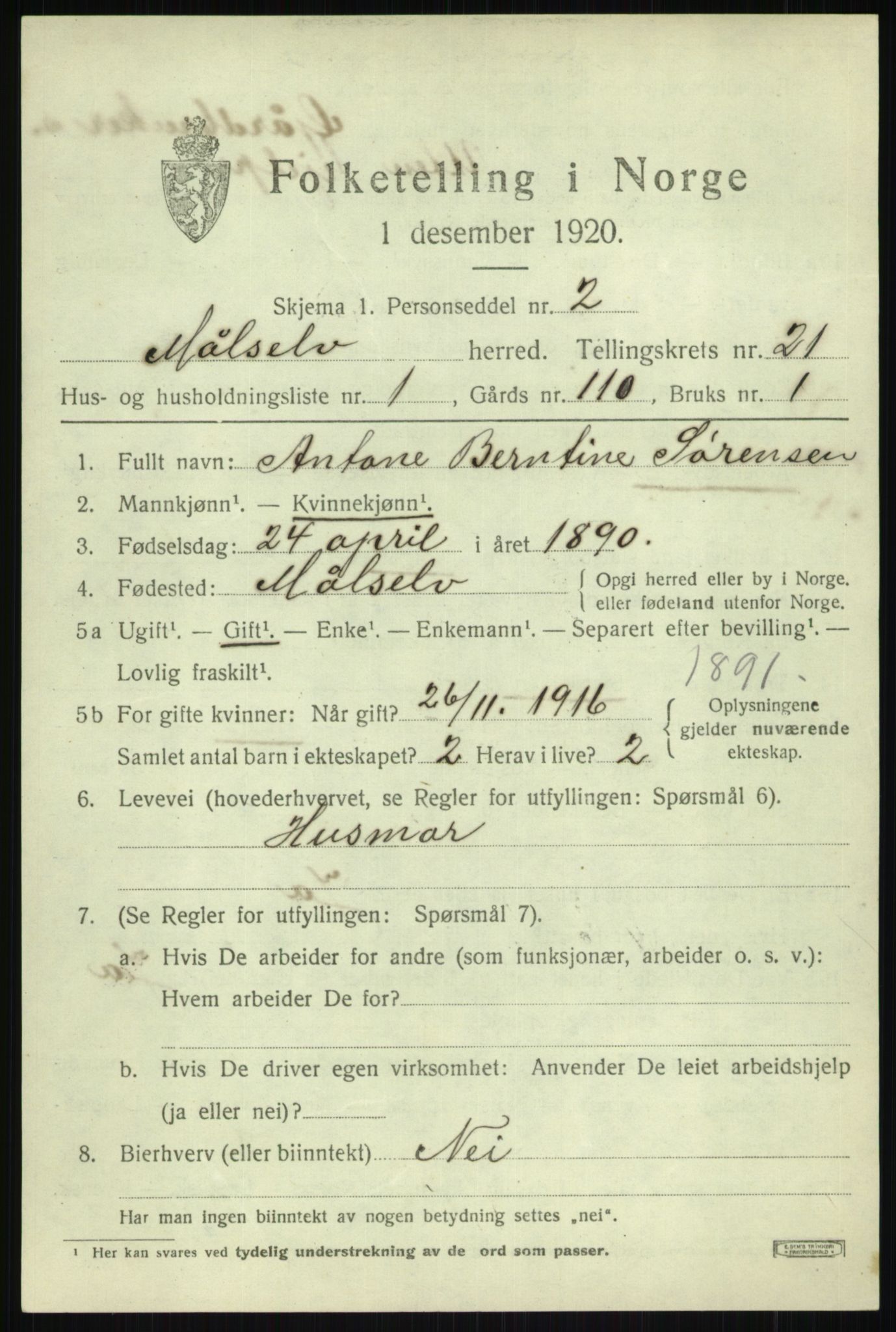 SATØ, 1920 census for Målselv, 1920, p. 9687