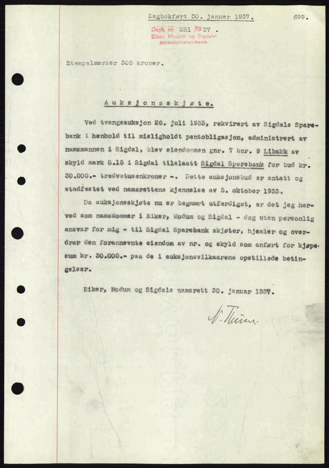 Eiker, Modum og Sigdal sorenskriveri, SAKO/A-123/G/Ga/Gab/L0034: Mortgage book no. A4, 1936-1937, Diary no: : 281/1937