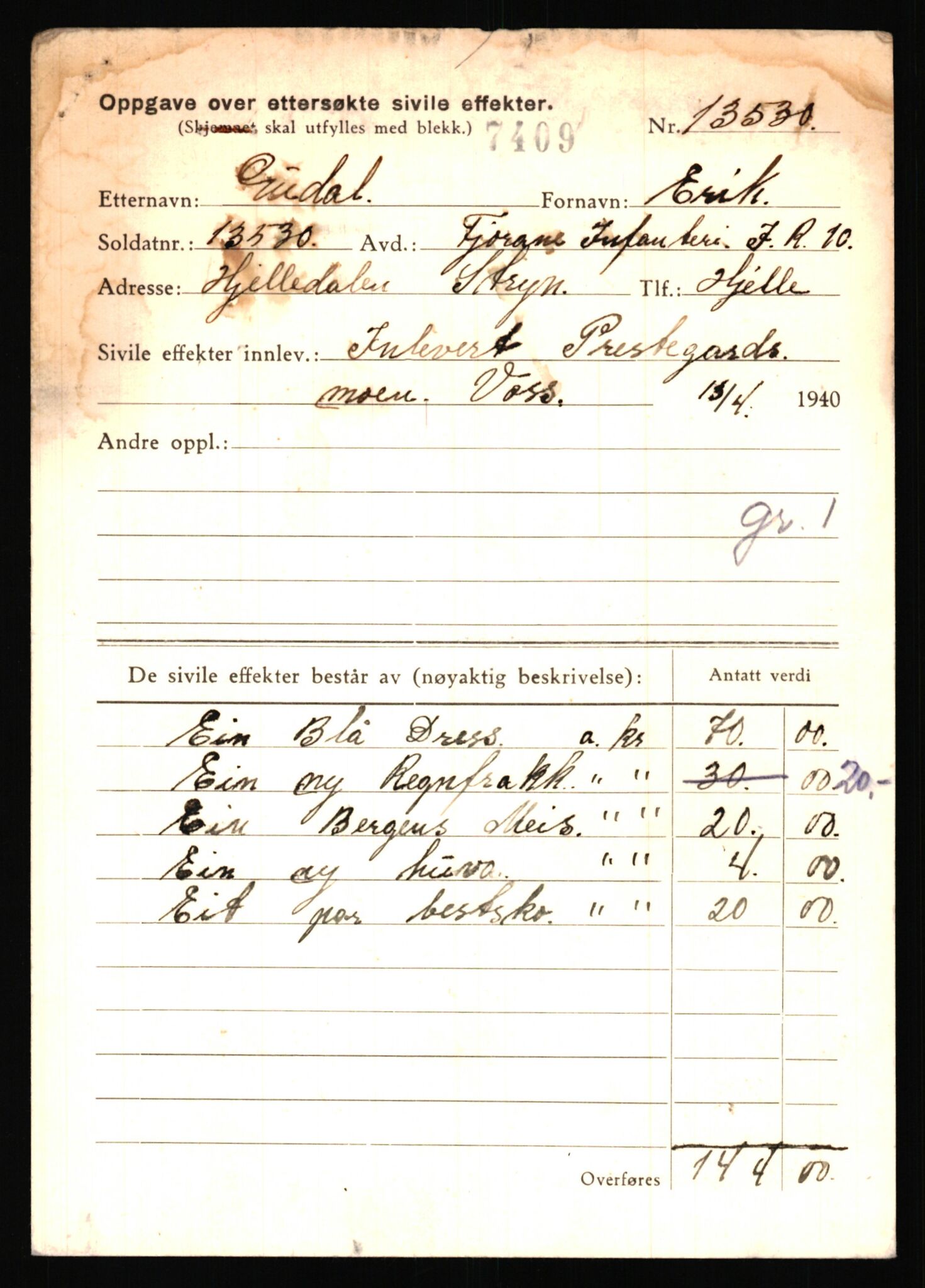 Justisdepartementet, Oppgjørsavdelingen, AV/RA-S-1056/G/Gb/L0024: Oppgaver over ettersøkte sivile effekter: Gudal - Gåthaug, 1940-1942, p. 3