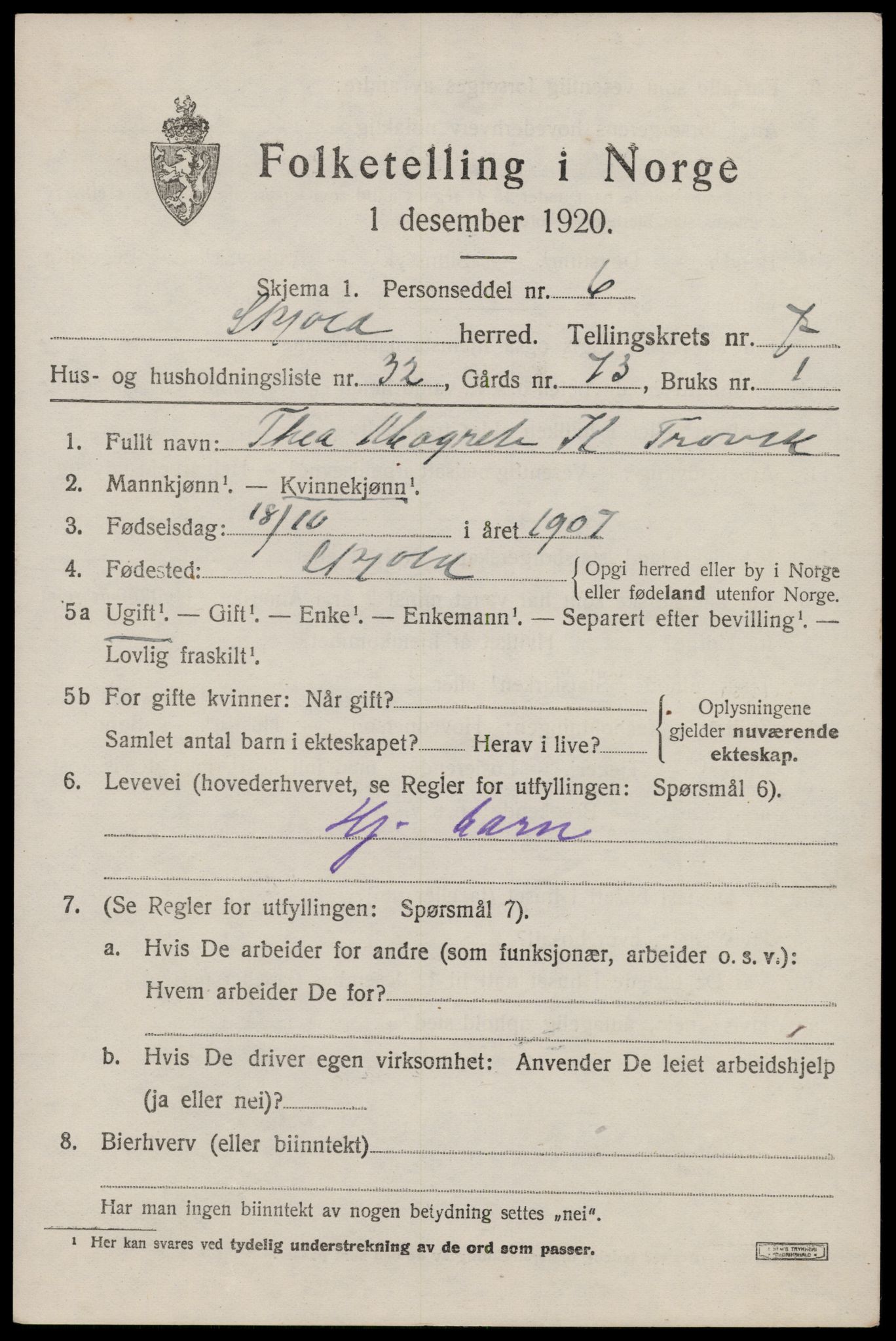 SAST, 1920 census for Skjold, 1920, p. 4172