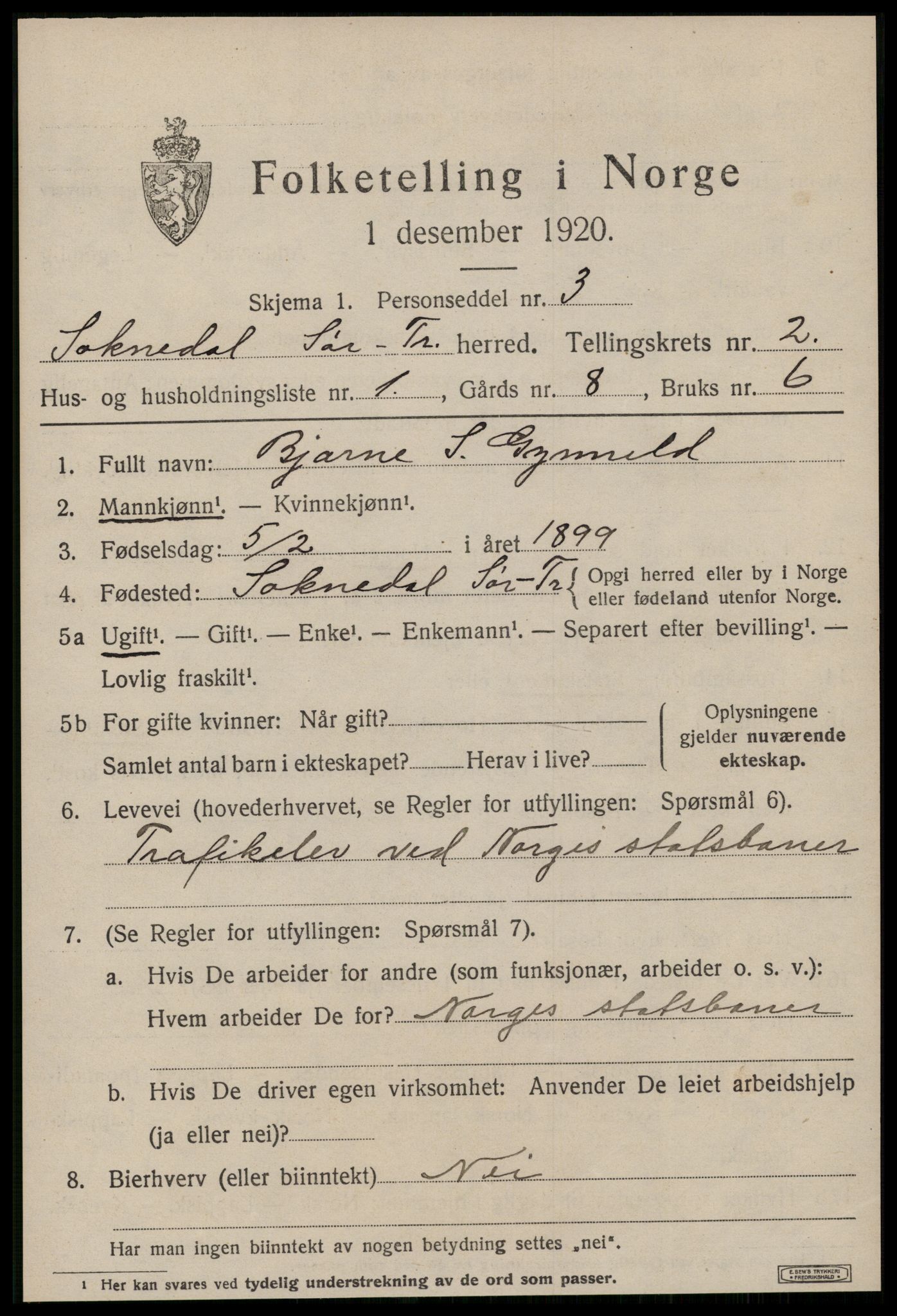 SAT, 1920 census for Soknedal, 1920, p. 1216