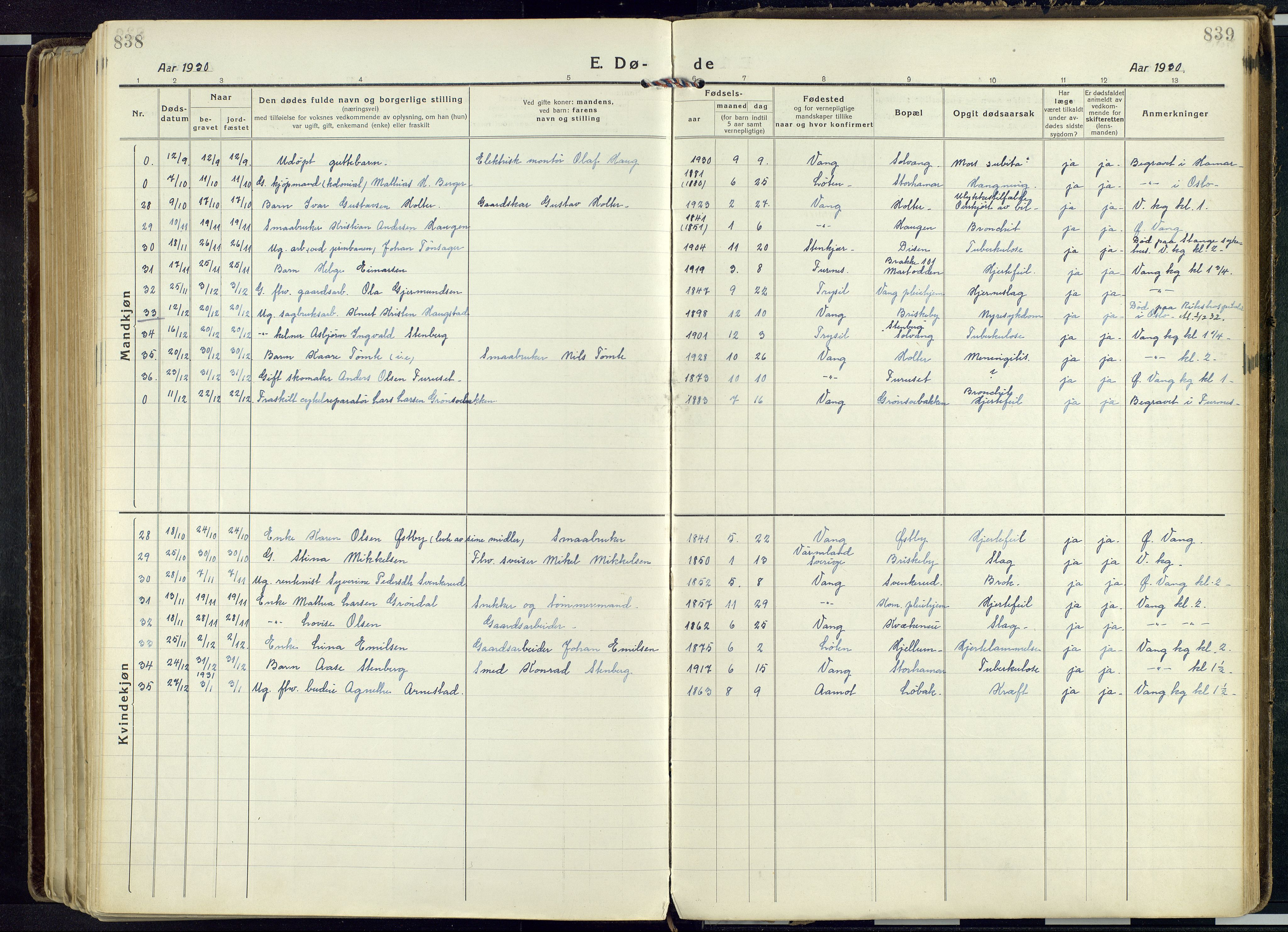 Vang prestekontor, Hedmark, AV/SAH-PREST-008/H/Ha/Haa/L0022: Parish register (official) no. 22, 1918-1944, p. 838-839