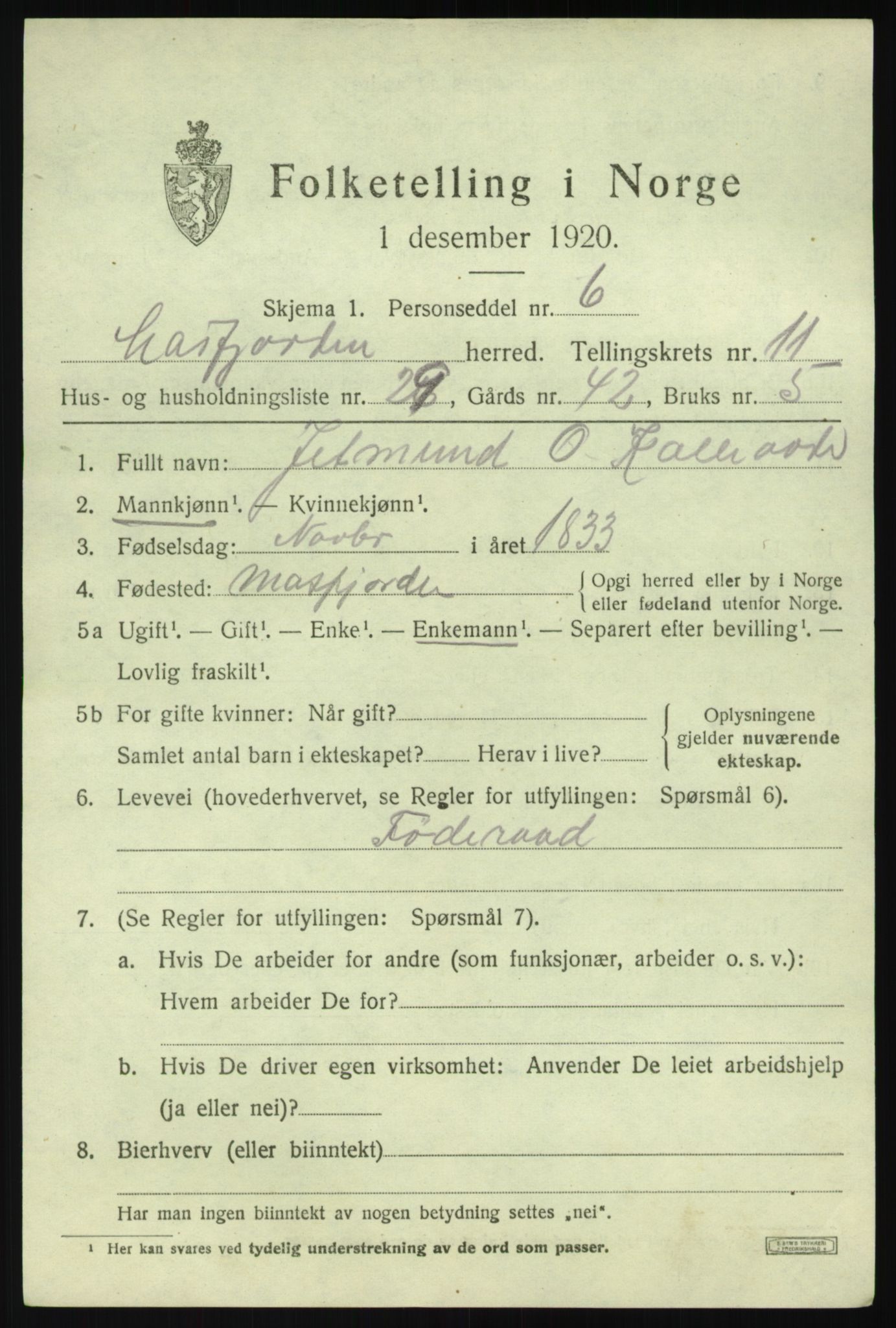 SAB, 1920 census for Masfjorden, 1920, p. 4477