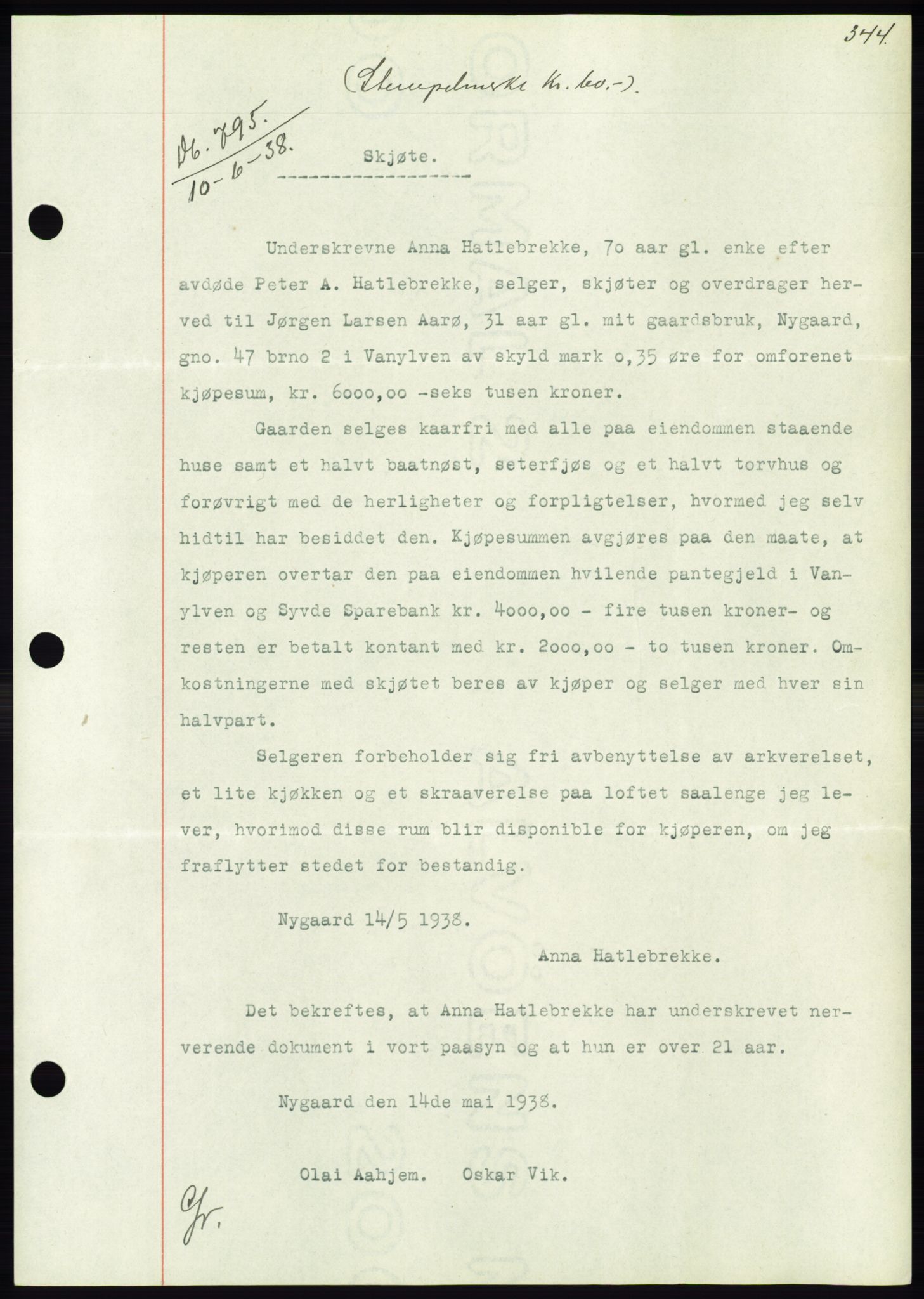 Søre Sunnmøre sorenskriveri, AV/SAT-A-4122/1/2/2C/L0065: Mortgage book no. 59, 1938-1938, Diary no: : 795/1938